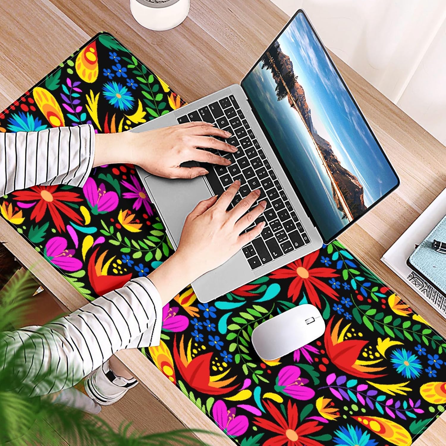Extended Gaming Mouse Pads Mexican Colorful Flower Leaves Large Computer Keyboard Mouse Mat Thick Desk Pad Rubber Base Stitched Edges Playmat for Gamer Home Office Decor 35.4''x15.7''