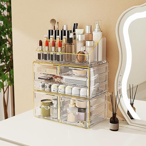 Delamu Organizador de maquillaje de 3 cajones con 6 cajones, organizador de encimera de baño para tocador, cuidado de la piel, perfume,