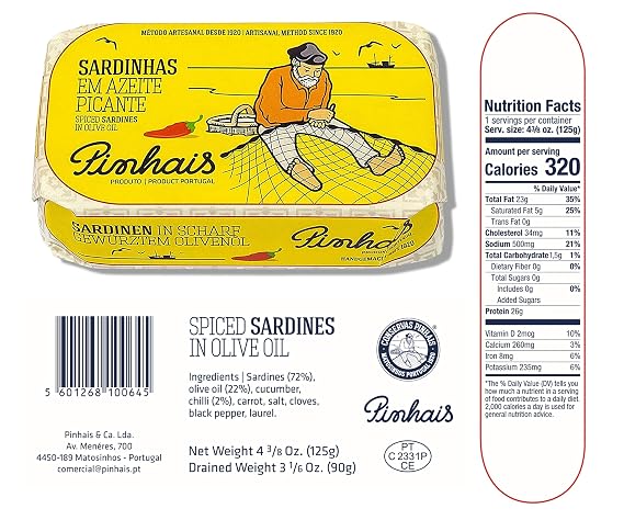 Pinhais Sardines Variety Pack 4.4 oz Cans 4 Flavors: Olive Oil, 1 Regular & 1 Spicy, Tomato Sauce 1 Regular & 1 Spicy Wild-Caught Portuguese Canned Fish (Total Count of 4)