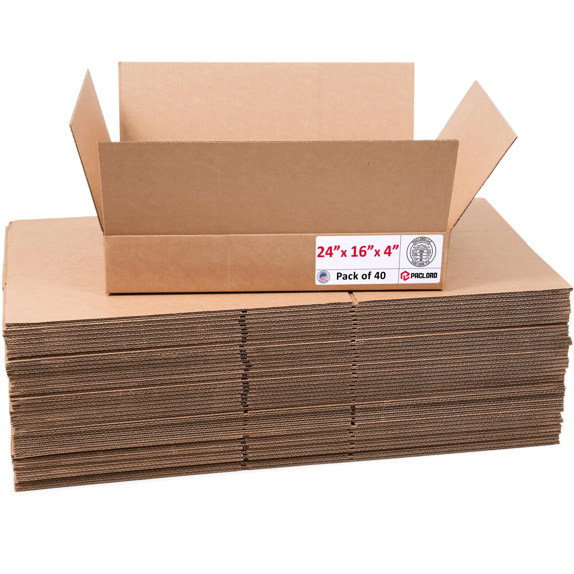 Flat Cardboard Boxes 24"L x 16"W x 4"H (Pack of 40) - USA-Made Packing Boxes for Moving, Shipping, or Storage - USPS, UPS, FedEx Approved - Professional Packing Supplies for Moving | USA-Made Packing Boxes for Moving, Shipping, or Storage - USPS, UPS, FedEx Approved - Professional Packing Supplies