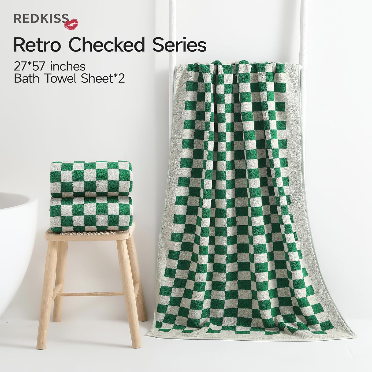 REDKISS 2 Piece Green Checkered Bath Towels Set -Highly Absorbent 600GSM Cotton Towels for Bathroom Decoration, Retro Green Checker Design - Image 2