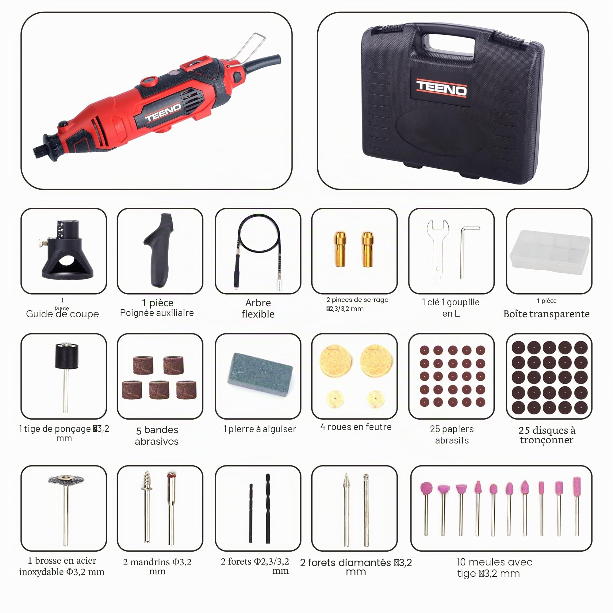 Teeno Outil multifonction, outil rotatif avec 80 accessoires, mini perceuse avec vitesse variable pour graver, couper, perceuse, etc