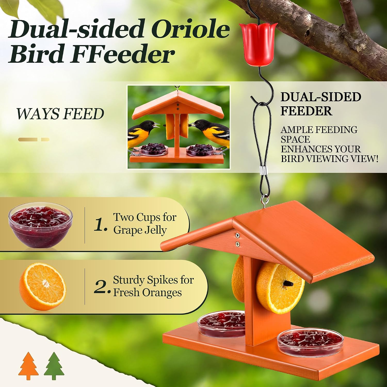 Oriole Bird Feeder with Ant Moat, Double Cup Jelly Oriole Feeder with Pegs for Orange Halves, Hanging Bird Feeding for Outdoor Jelly and Fruit, Baltimore Feeding, Orange Pine Material(2 Pack)