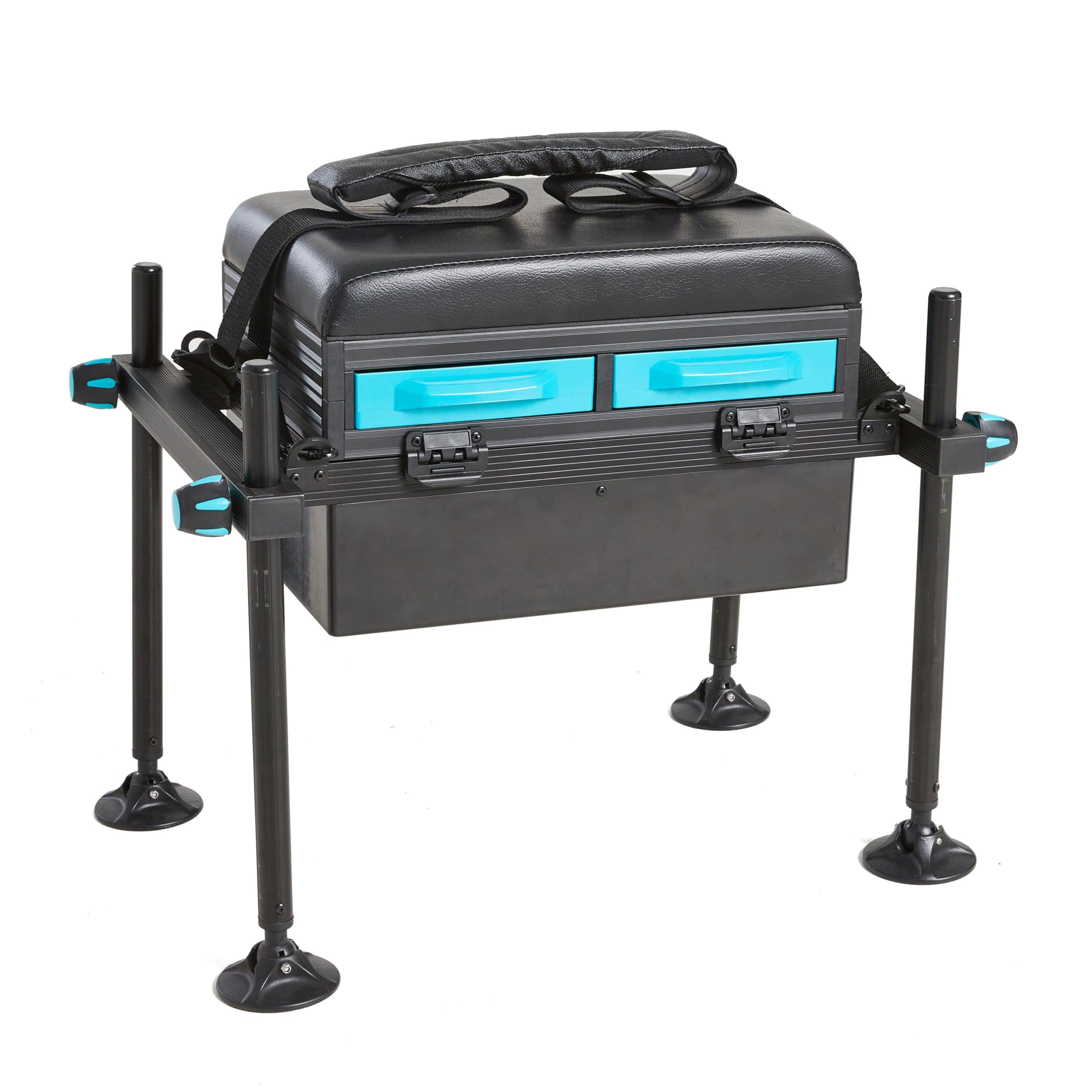 WESTLAKE Initiate Seatbox with Padded Cushion Seat, 2 Drawers & Adjustable Legs, Aluminium, 42cm x 64cm, Fishing & Angling Equipment