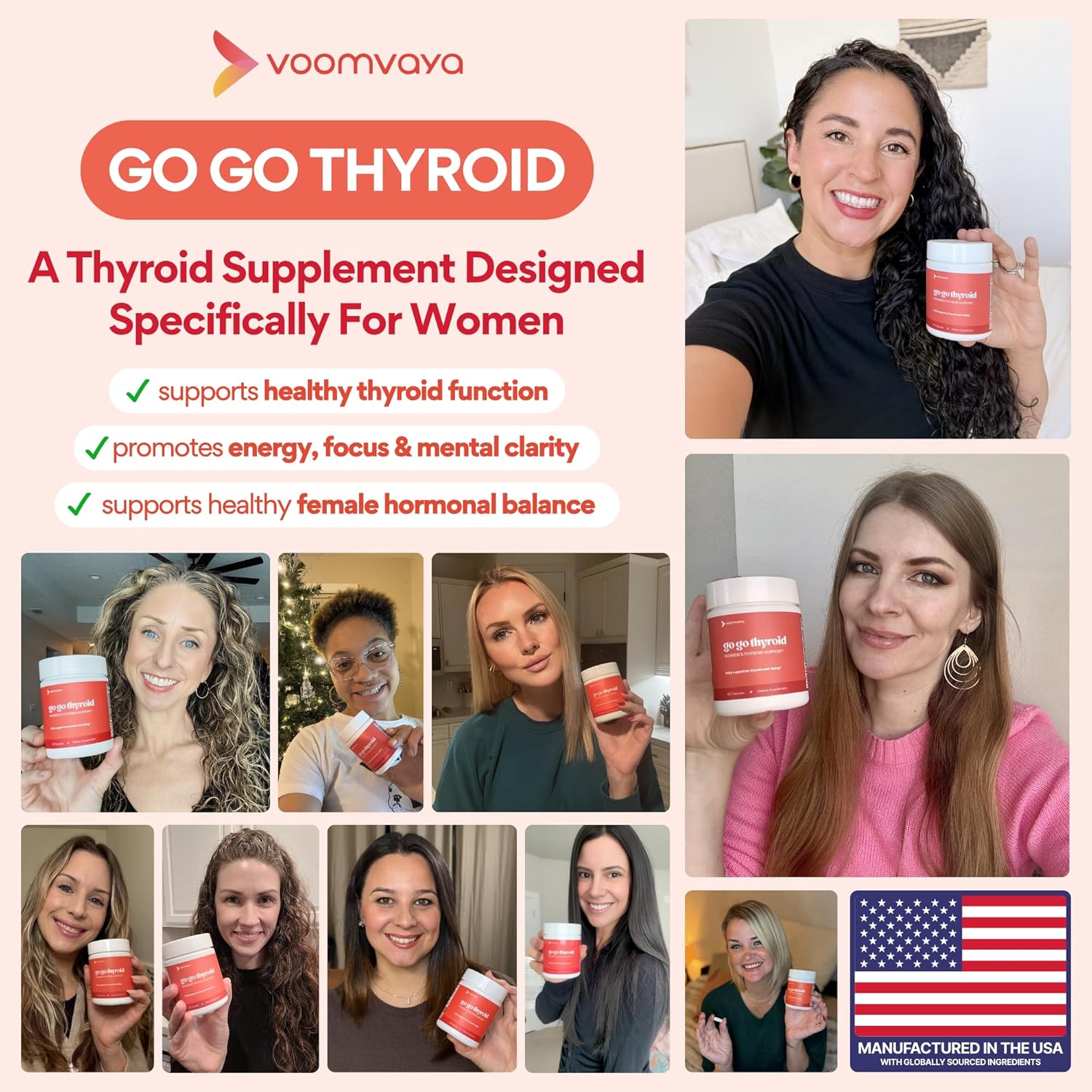 VoomVaya Go Go Thyroid - Thyroid Support for Women 30+ - Female-Focused Hormonal Balance & Thyroid Supplement with Iodine, Selenium & L Tyrosine - 3rd Party Tested - 60 Capsules