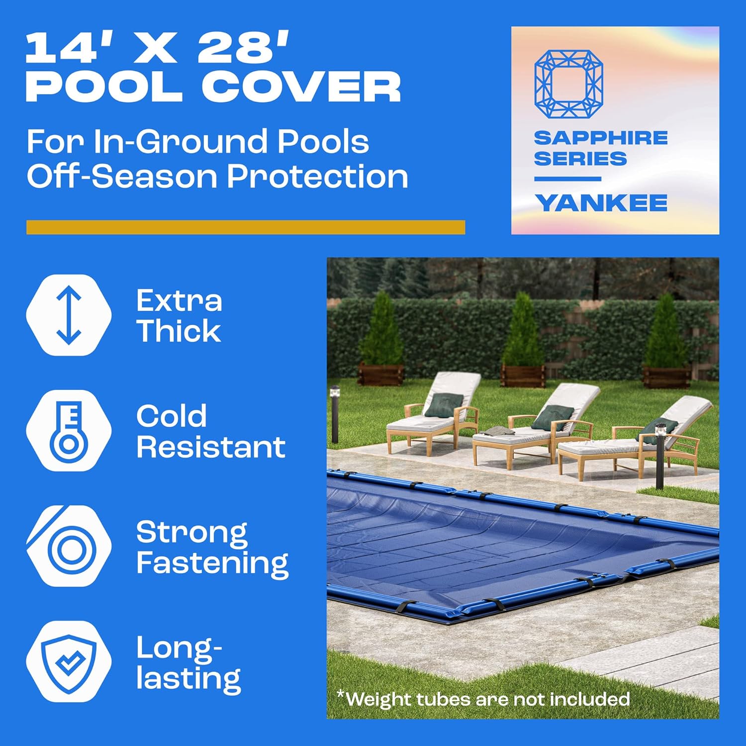 Yankee Pool Cover for 14x28 ft Rectangular Pool: Extra Thick & Durable | Sapphire Series of Premium Cold- and UV-Resistant In-Ground Pool Protection
