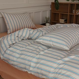 LifeTB Striped Comforter Set Queen Size, Fluffy Soft Blue Brown Stripes Pattern Printed Bedding Set, 3 Pieces Lightweight Bedding Comforter Set, Breathable Striped Bed Comforter with 2 Pillowcases