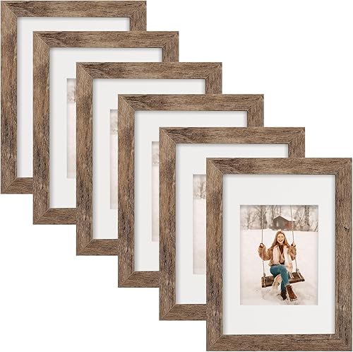 Vista 15 de Juego de 6 marcos de fotos de 6x6, marcos de fotos de grano de madera rústica para montaje en pared de galería o exhibición de mesa Madera