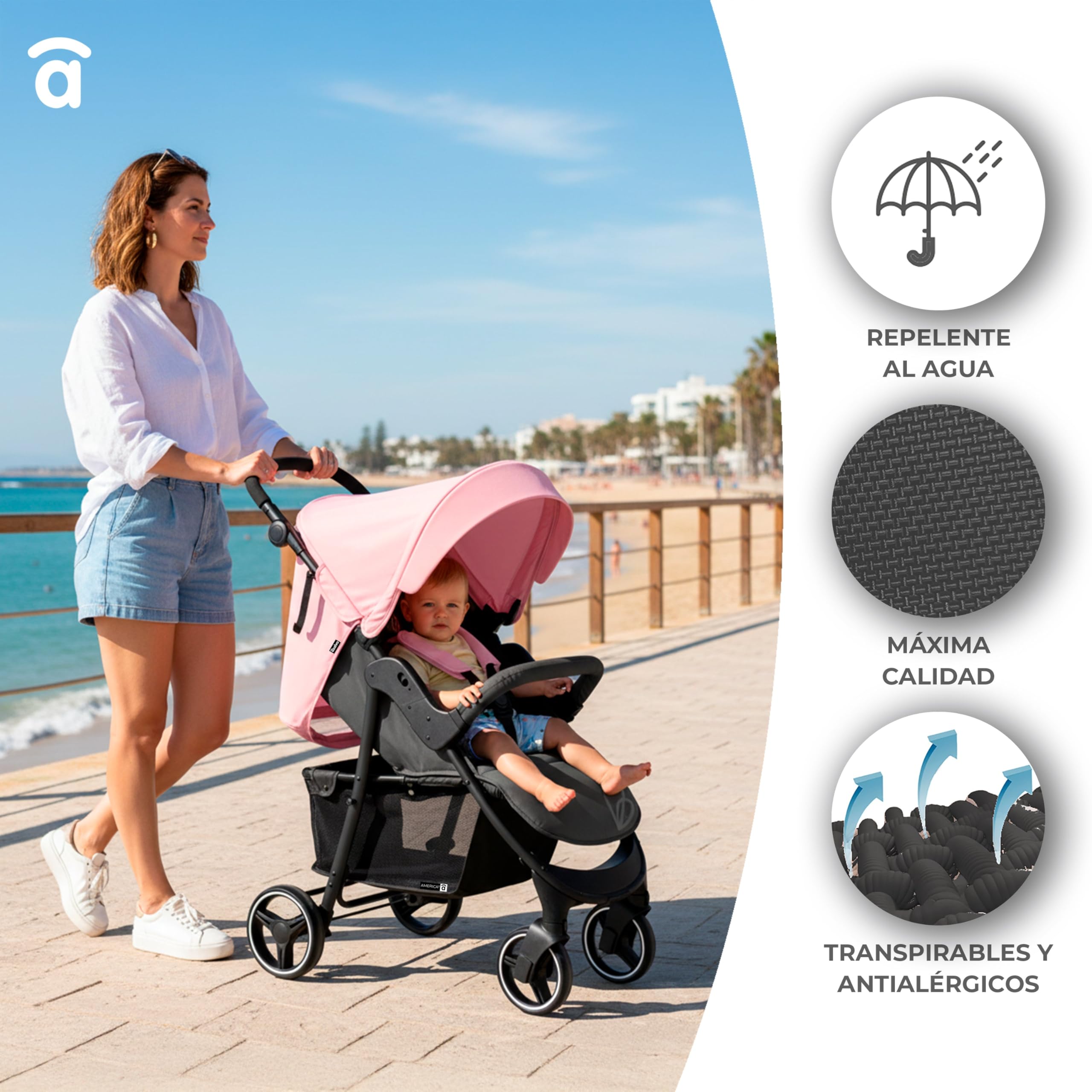 Asalvo AMÉRICA 3 Silla de Paseo, Carrito bebé, Carro para bebés, Confortable, Ultraligera, Segura, Capota con Ventana y Freno Trasero, Manejable, Plegado compacto, Carga Máxima 24 kg, Rosa