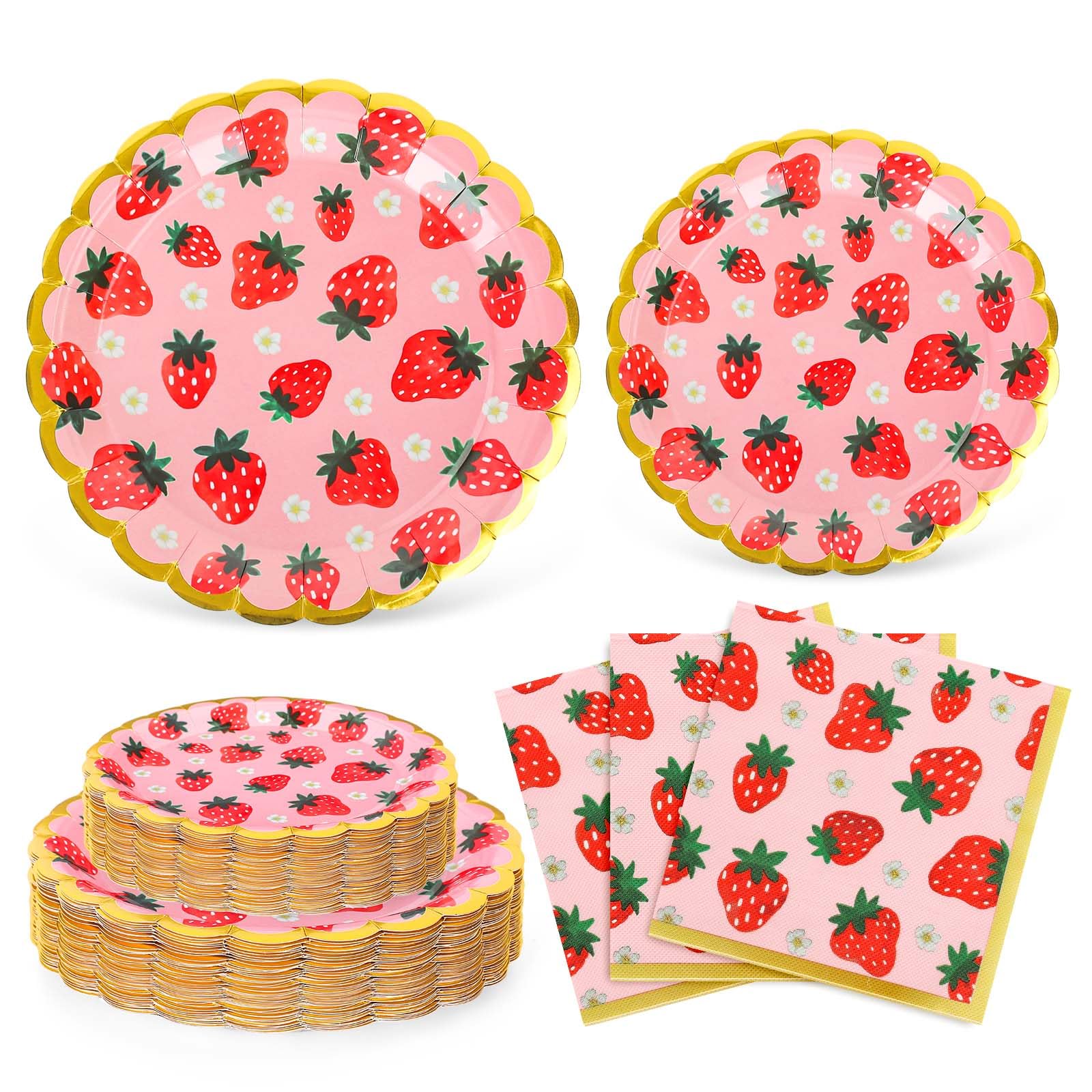 72Pcs Strawberry Pink Tableware Set Gold Foil Scalloped Party Decor Supplies Cute Fruit Disposable Paper Plates and Napkins for 24 Guest Wedding