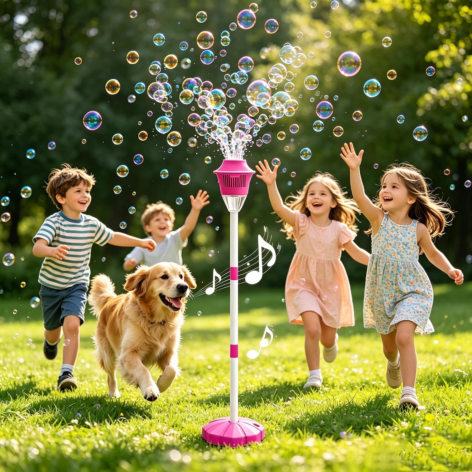 Automatic Bubble Machine with Lights & Music - 47" Standing Bubble Maker for Kids - Rechargeable High-Stability Bubble Stand Machine with 3-Level Height for Birthday Party, Wedding, Outdoor (Red)
