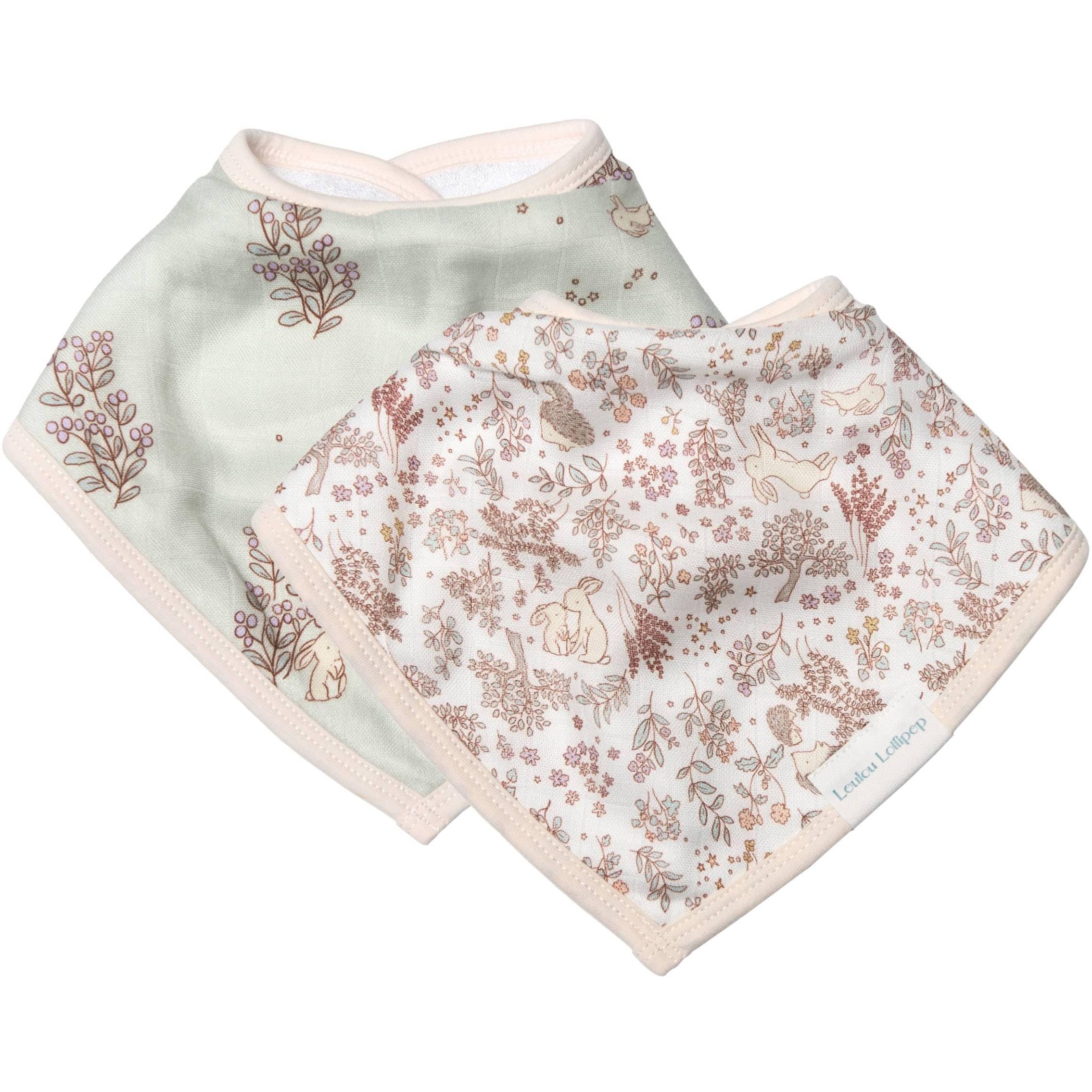 Loulou Lollipop Muslin Bandana Bib Drool Bib Set for Baby Girl and Boy Adjustable 3 to 36 Months, 2 Pack - Hedgehog Forest