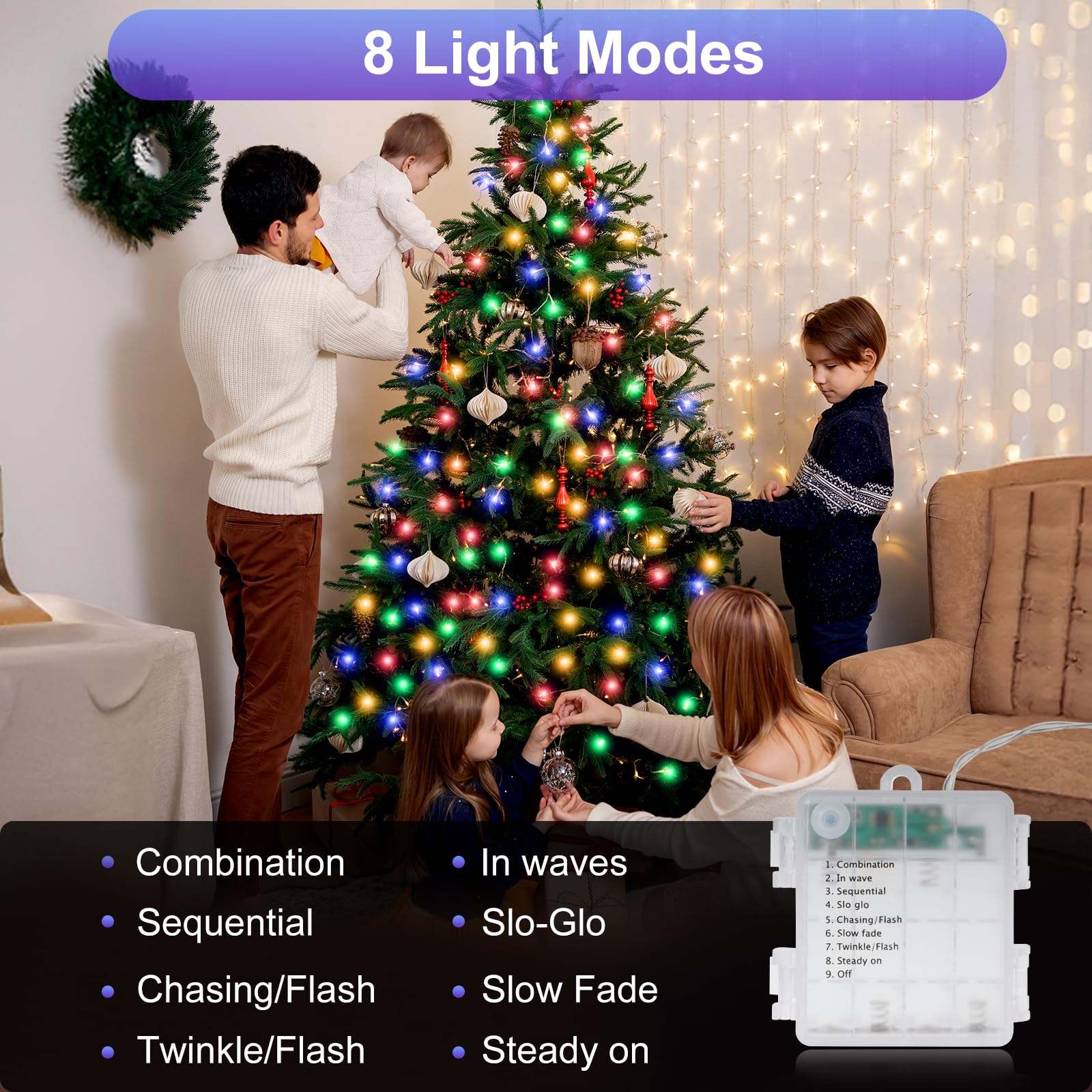Realky Luci Albero di Natale a Batteria, 21M 210LED Luci Natalizie da Esterno ed Interno, 8 Modalità con Funzione Memoria Impermeabile Luci di Natale per Giardino, Balcone, Festa, Casa - Multicolore