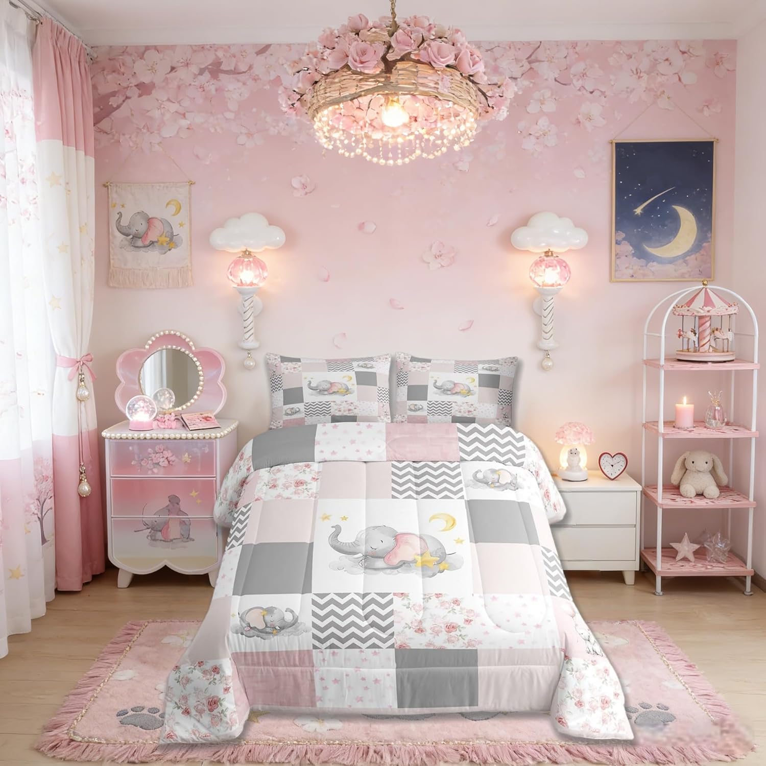 Cute Elephant Comforter Set Queen Size,Watercolor Sunflowers Floral Butterfly Bedding Set for Women Adult,Pink Grid Geometric Luxury Bed Duvet Insert, 2 Pillowcases