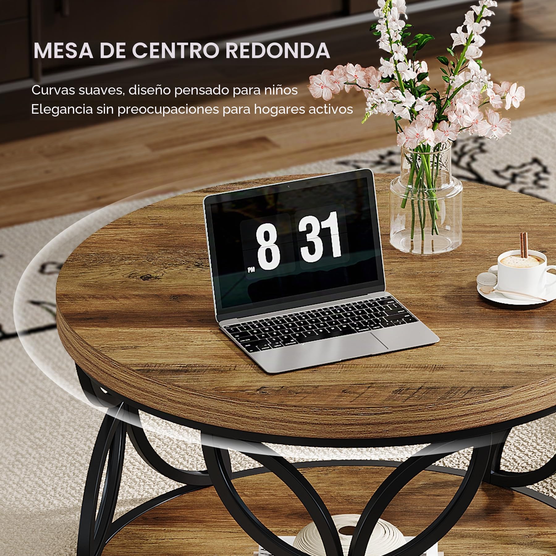 Tribesigns Mesa de centro redonda de 80 cm con espacio de almacenamiento, mesa de 2 niveles para sala de estar y oficina, grano de madera marrón rústico y marco de metal negro