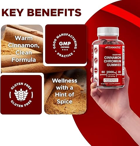 Miniatura 5 de Paquete de 2 gomitas de cromo sin azúcar con canela de ceilán, 2000 mg por porción, sin OMG, sin gluten, 60 gomitas veganas