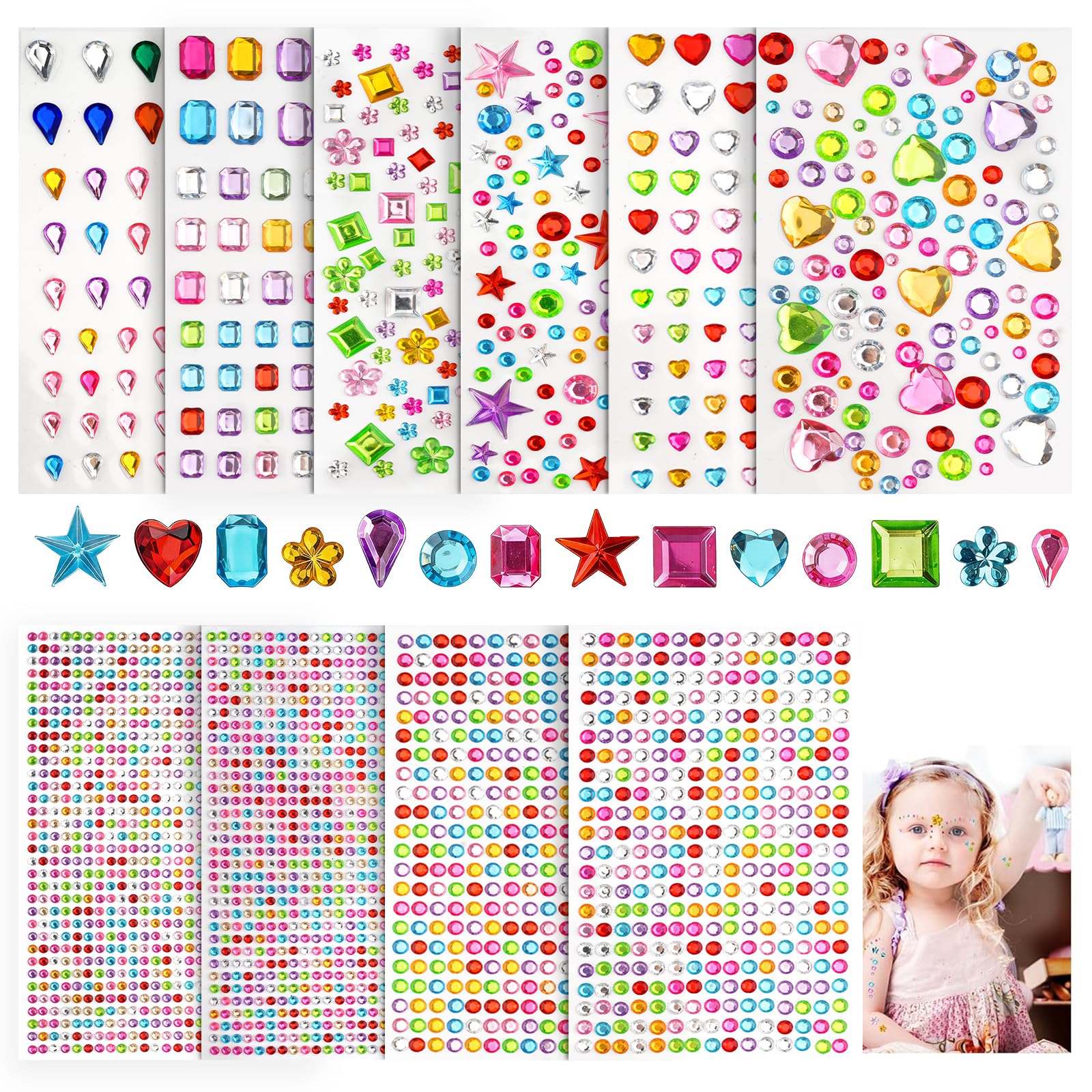 3500 Stück Glitzersteine Selbstklebend, Bunt Strasssteine Selbstklebend, Acryl Glitzersteine zum Basteln Kinder, Verschiedene Formen Glitzer Sticker Basteln für Gesicht, Fotorahmen, Bastelsachen