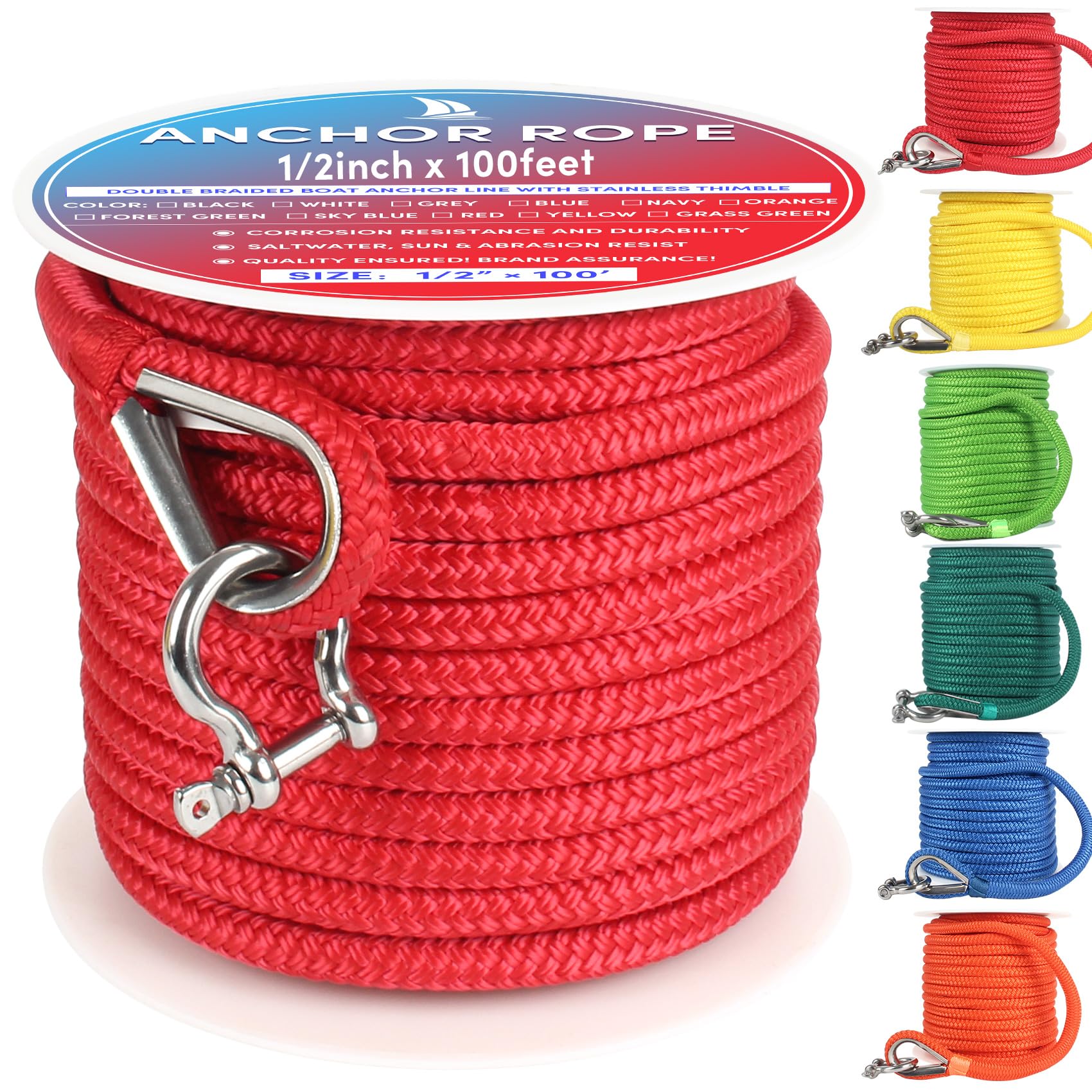 VEITHI Boat Anchor Rope 100 ft x 1/2 inch Red, Double Braided Anchor Line with Stainless Steel Thimble & Shackle, Marine Rope Ideal for Towing,Mooring,Decks,Anchoring,for Boats Up to 35'