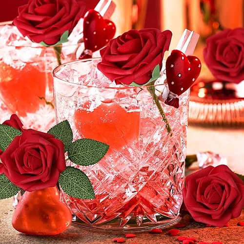 Miniatura 10 de AmyHomie Flores artificiales rosas rojas, 25 rosas falsas de aspecto real con tallo para ramos de boda, centros de mesa, arreglos de fiesta, baby