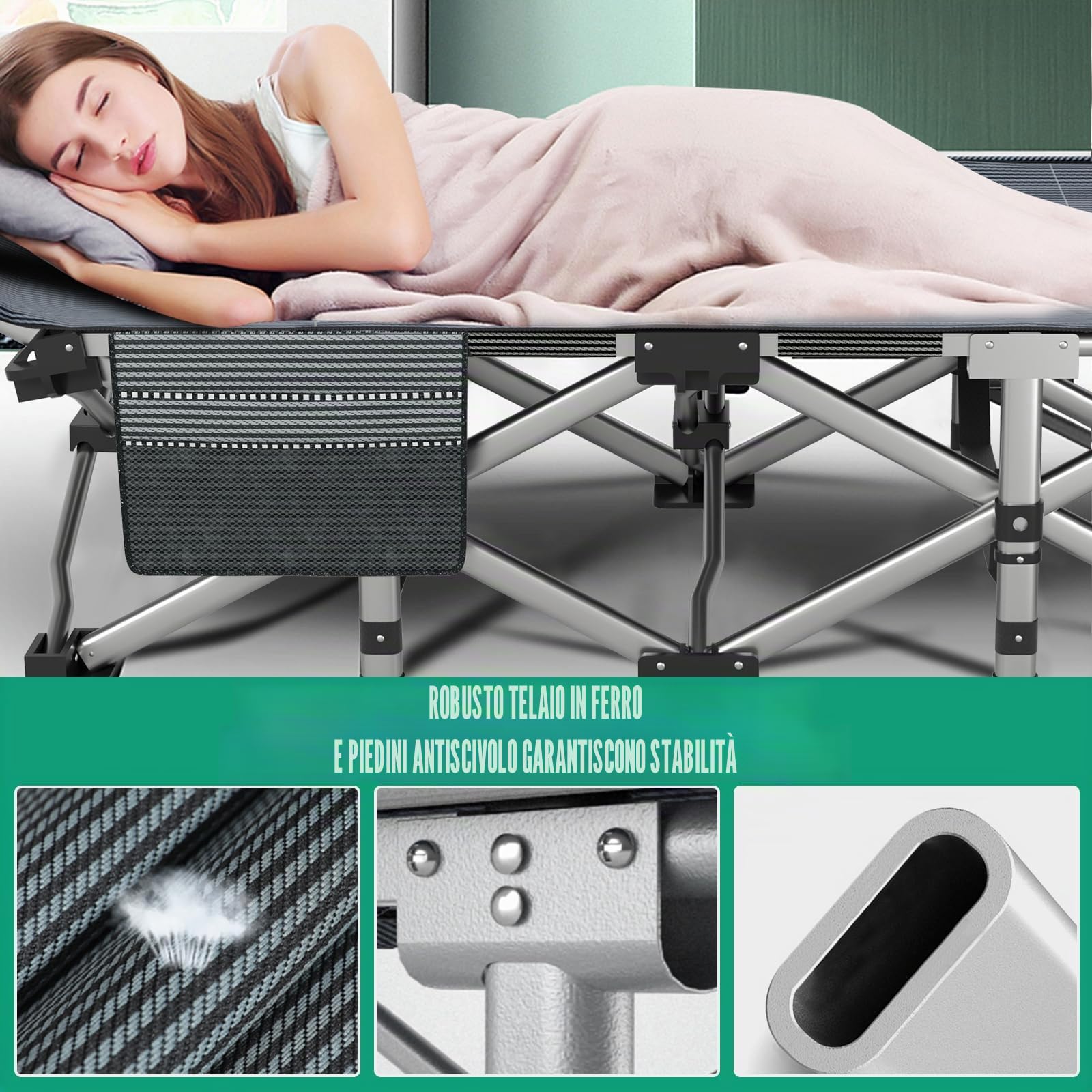 190x71x36CM Letto da campeggio Pieghevole per Adulti, con Cuscino e Tasca laterale, Struttura in acciaio + Tessuto Oxford