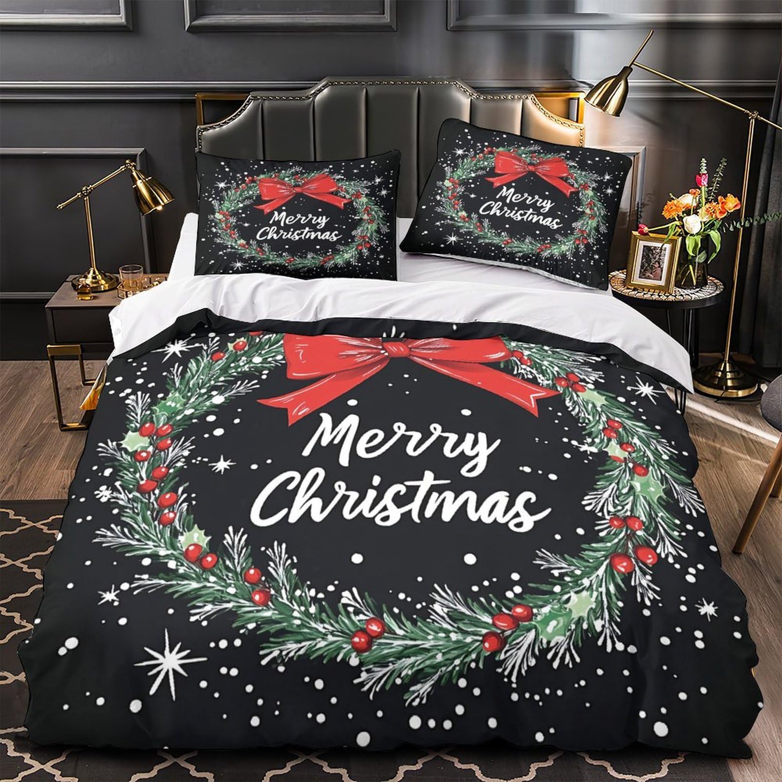 Couronne de Noël housse de couette 3D confortable et parure de lit résistante