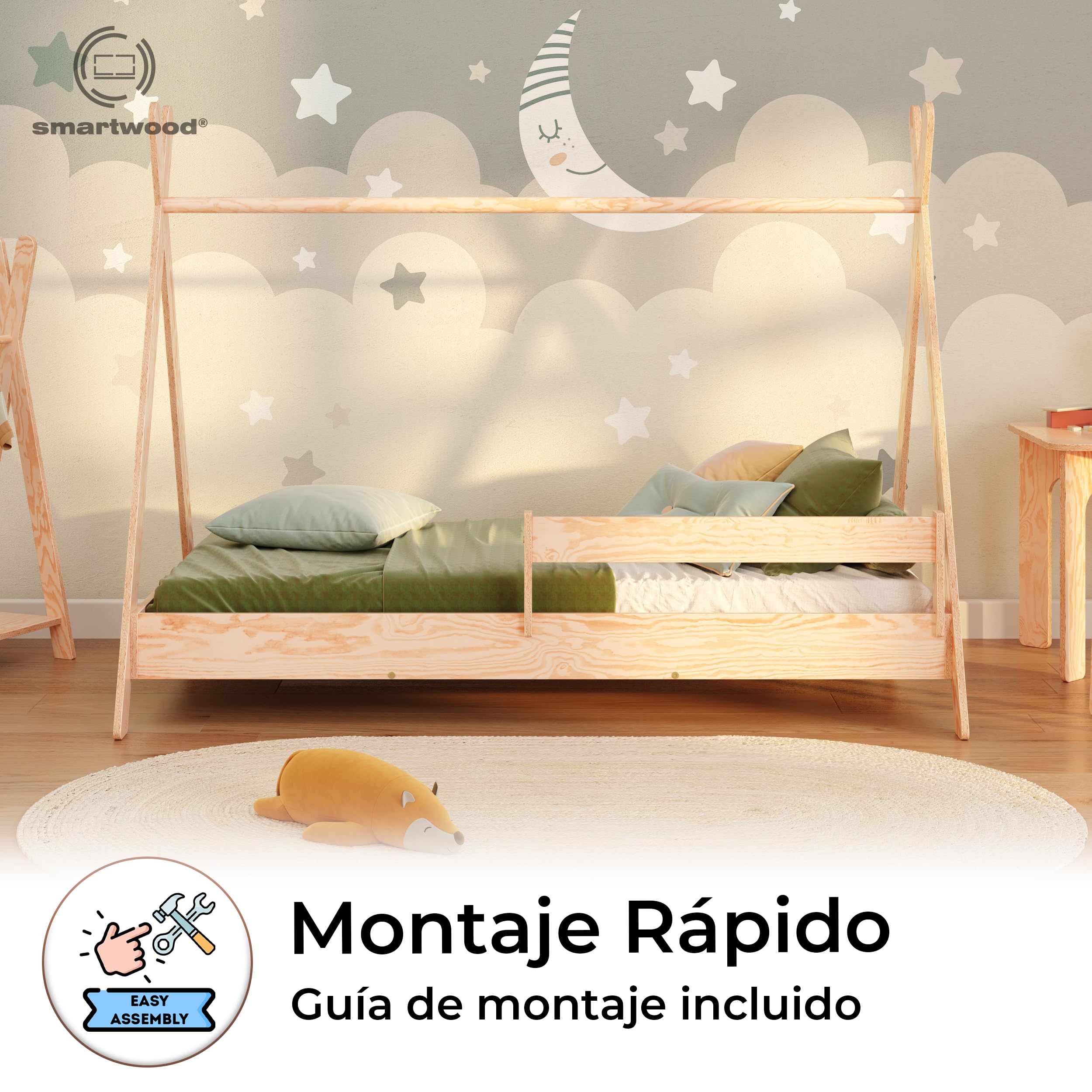 smartwood Cama Casita 80x160 cm - Cama Infantil Tipi de Madera de Pino FSC con Barandilla Anti-caídas y Somier de Lamas hasta 230 kg - para Niño y Niña - Montaje Fácil