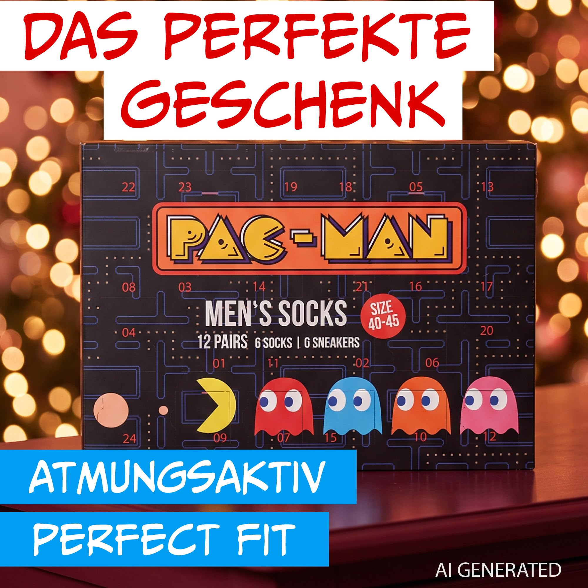 Pac-Man Calendrier de l'Avent avec 12 paires de chaussettes Taille 40-45 pour homme Calendrier de Noël avec baskets et chaussettes longues