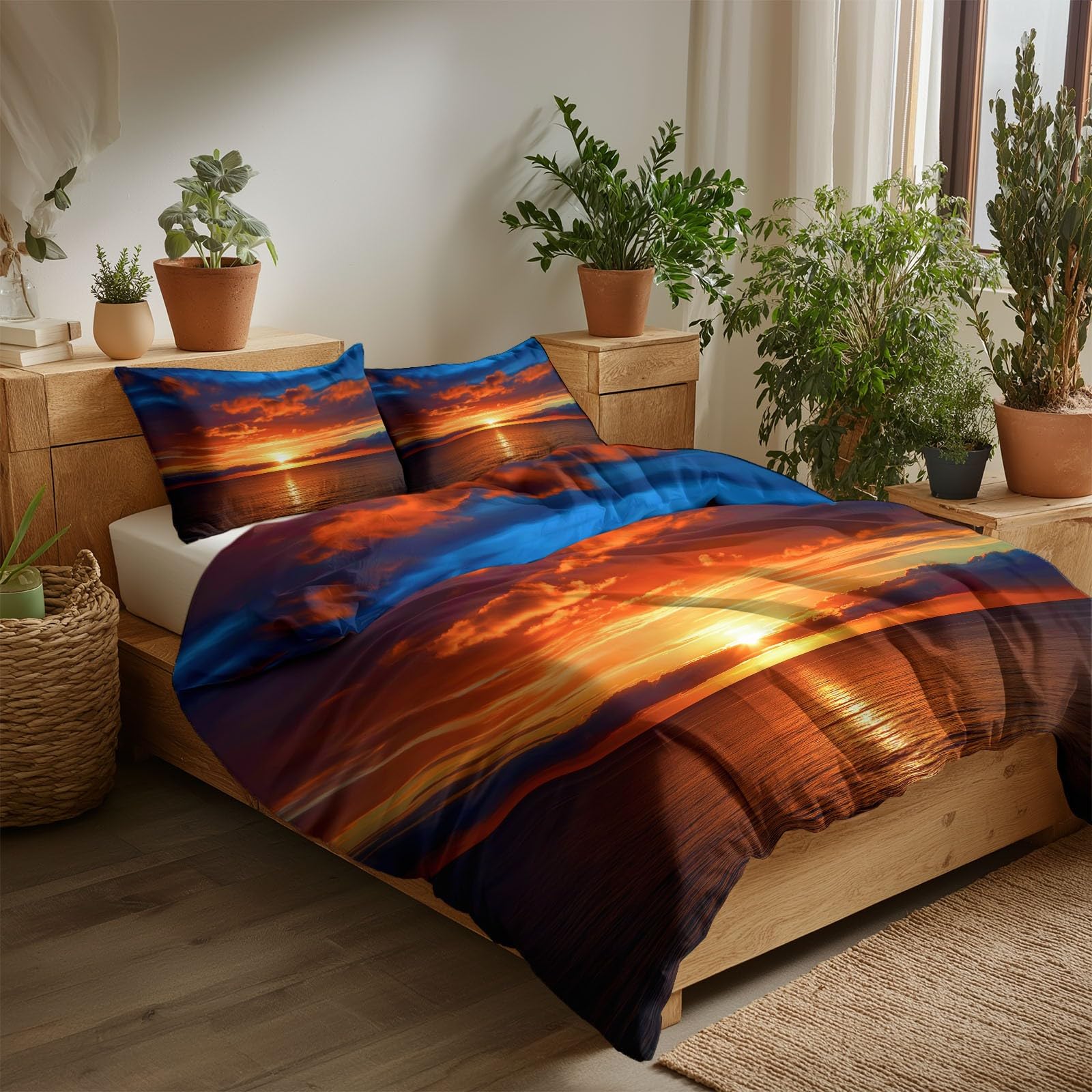 Pościel 240 x 220 cm, żółta pościel – dwustronny komplet pościeli z mikrofibry, poszewka na poduszkę z poszewką na poduszkę, nie wymaga prasowania i nie gniecie się, natura, zachód słońca, krajobraz