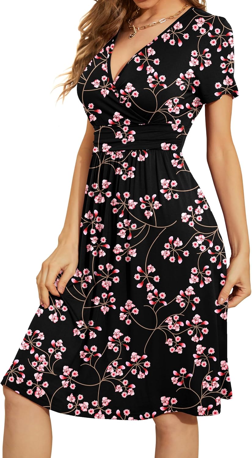 WEACZZY Women's Summer Short Sleeve Casual Dresses V-Neck Floral Party Dress with Pockets - Image 2