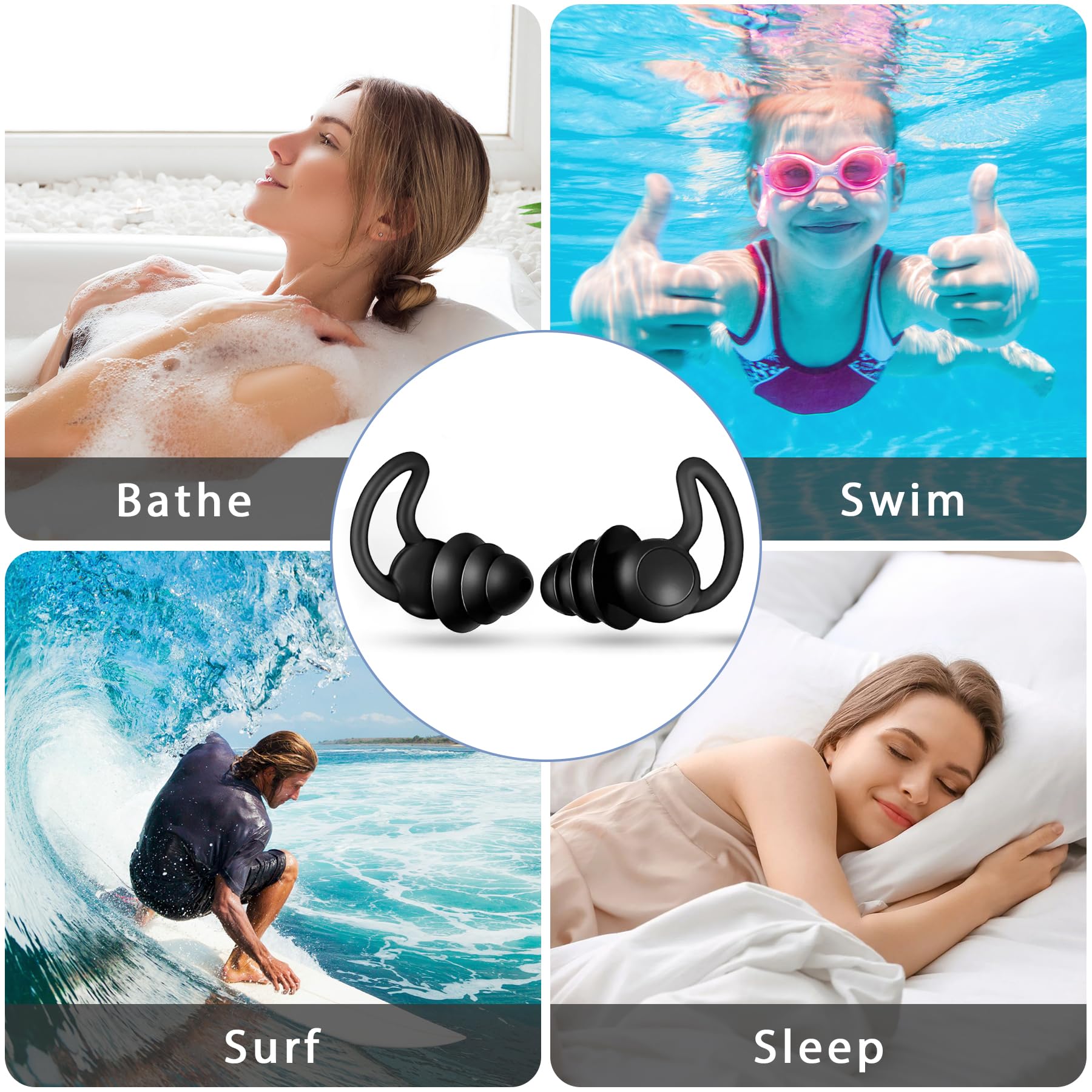 Tappi per le orecchie per adulti e bambini, 3 paia di tappi per le orecchie riutilizzabili in morbido silicone, perfetti per surf, immersioni, piscina, doccia e altri sport acquatici