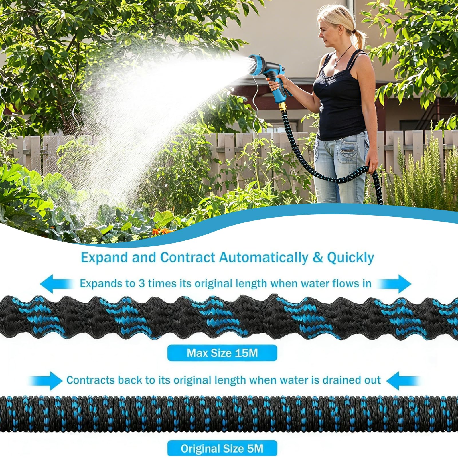 Tubo Acqua Giardino,Tubo Acqua Giardino Estensibile 15m /50ft,Estensibile da Giardino Flessibile Con 10 Modalità di Spruzzo,Tubo Irrigazione con Adattatore da 1/2" e 3/4 per Prato Lavaggio (30M)