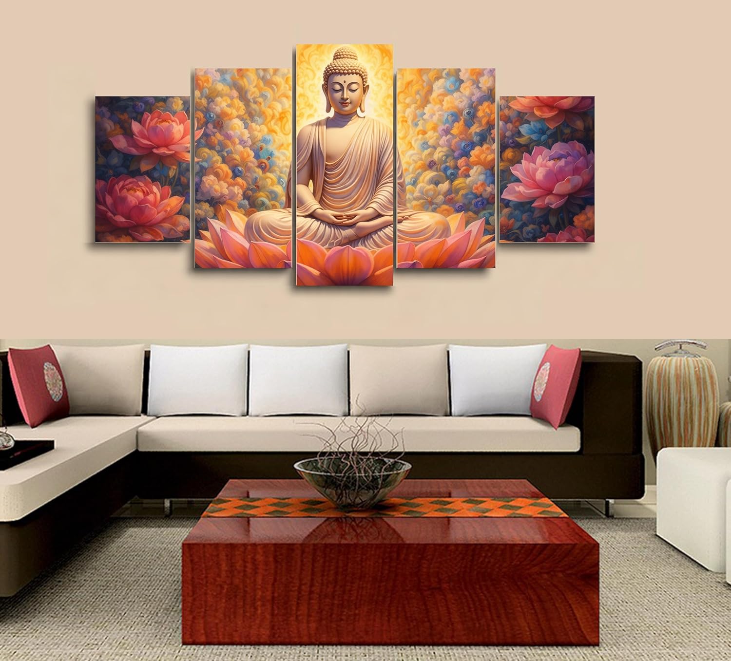 5 Piece Framed Canvas Wall Art Five Panel Buddha Lotus Meditation Painting Serene Floral Spiritual Wall Decor for Living Room Bedroom Office Home Peaceful Zen Artwork