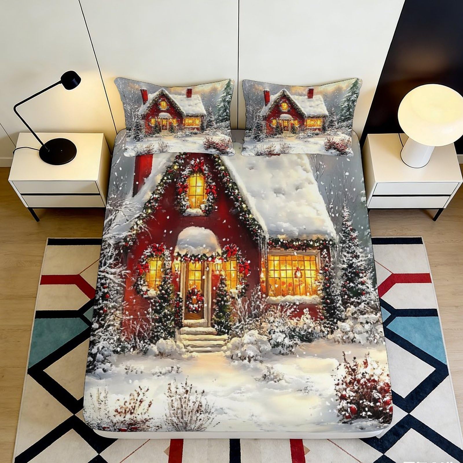 3D Printed Christmas Cottage Fitted Sheet Microfiber Soft Breathable Winter Snow Bed Cover for Bedroom Dormitory Guest Room Mattress Protection Decor 140x200x25cm