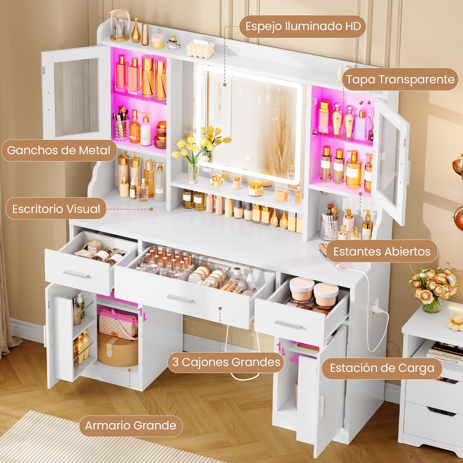 TEENFON Tocador de Maquillaje con Espejo LED y Luz RGB, Luminosidad Ajustable, 3 Cajones, 4 Puertas, 5 Ganchos para Joyas y Toma de Corriente, Moderno, Dormitorio, Blanco
