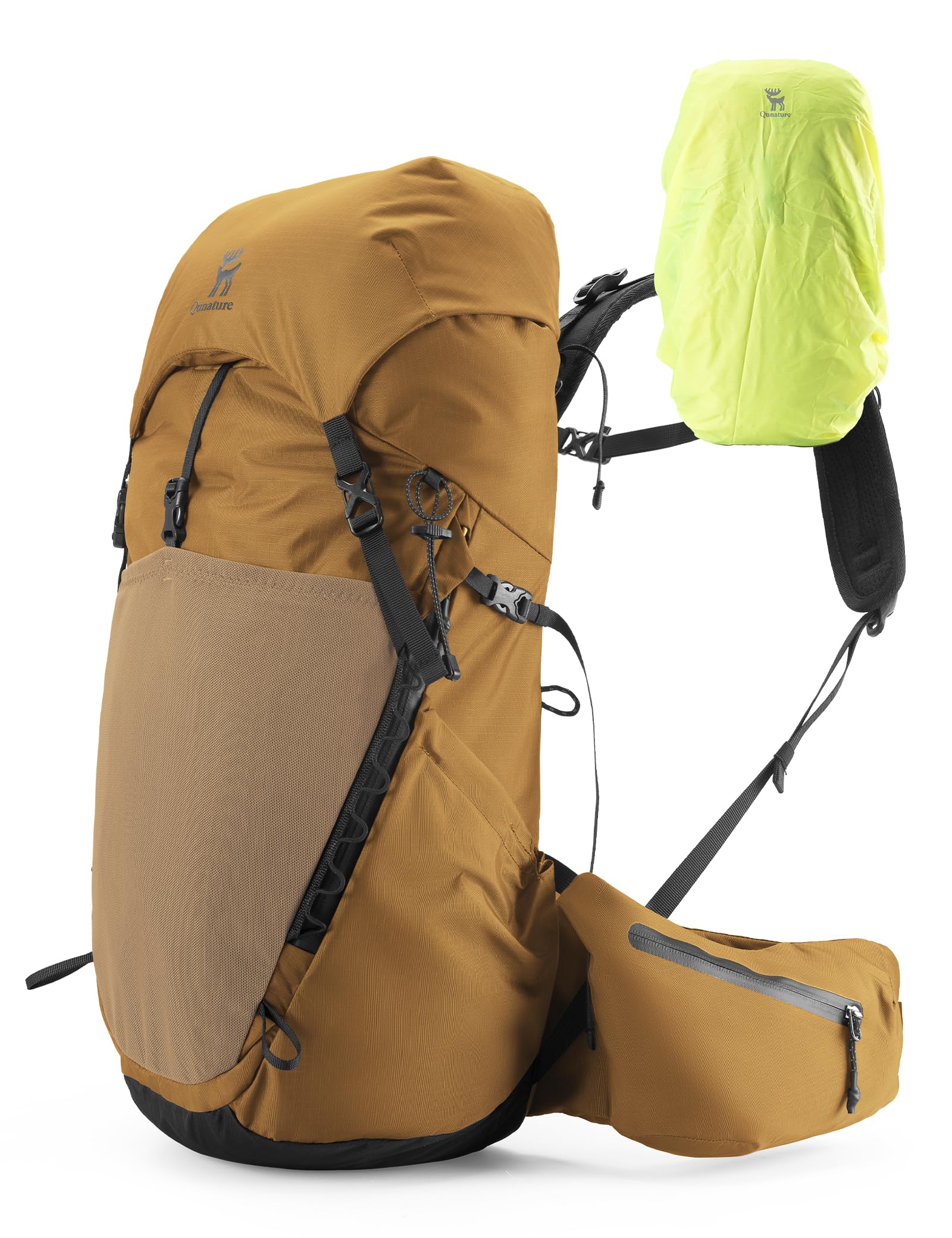 Mochila de Senderismo Impermeable 25L, Mochila de Trekking Ultraligera con Funda para Lluvia, Compartimento Superior Desmontable, Sistema de Espalda Transpirable, Caqui