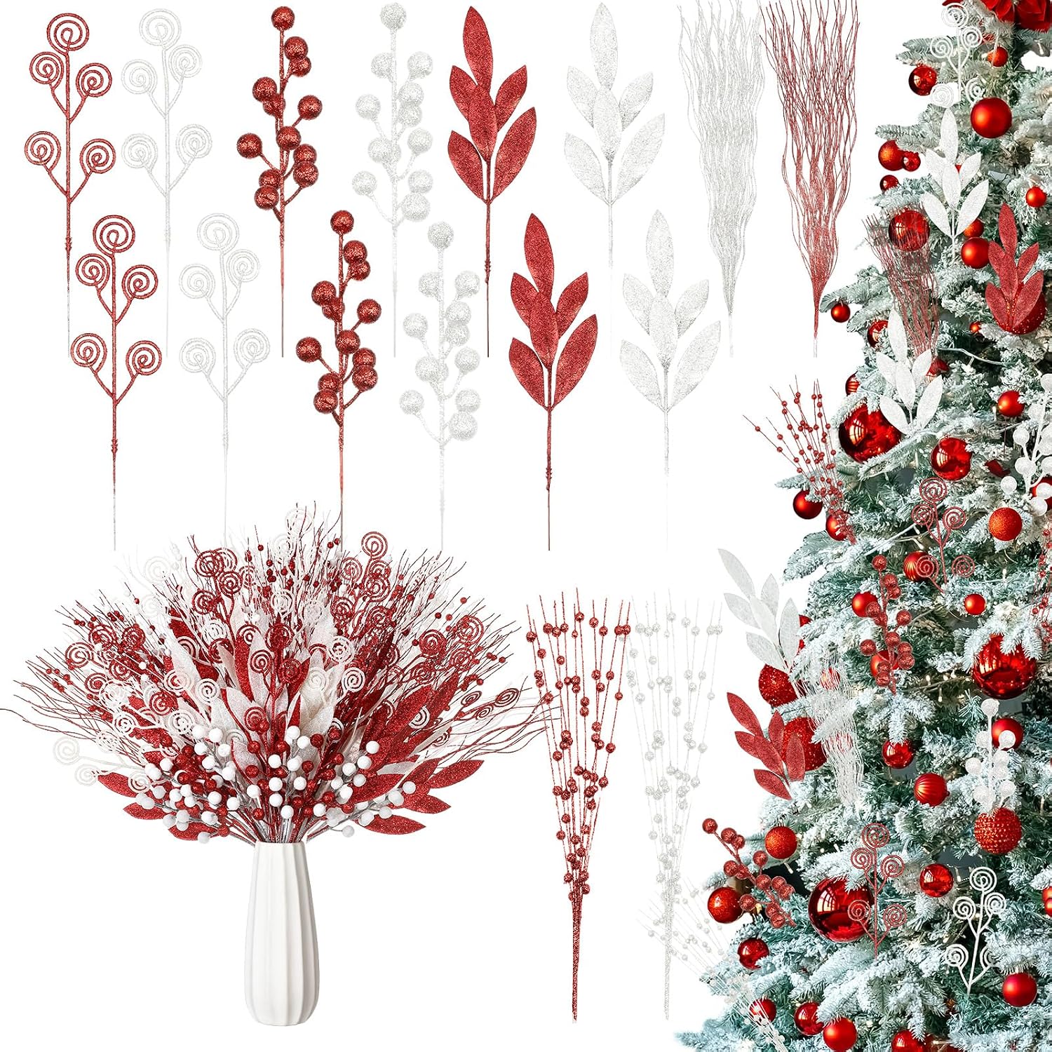 50 Pcs Christmas Tree Picks & Sprays - Glitter Red & White Curly Stems For Holiday Decor, 13.4 Inches - View #6