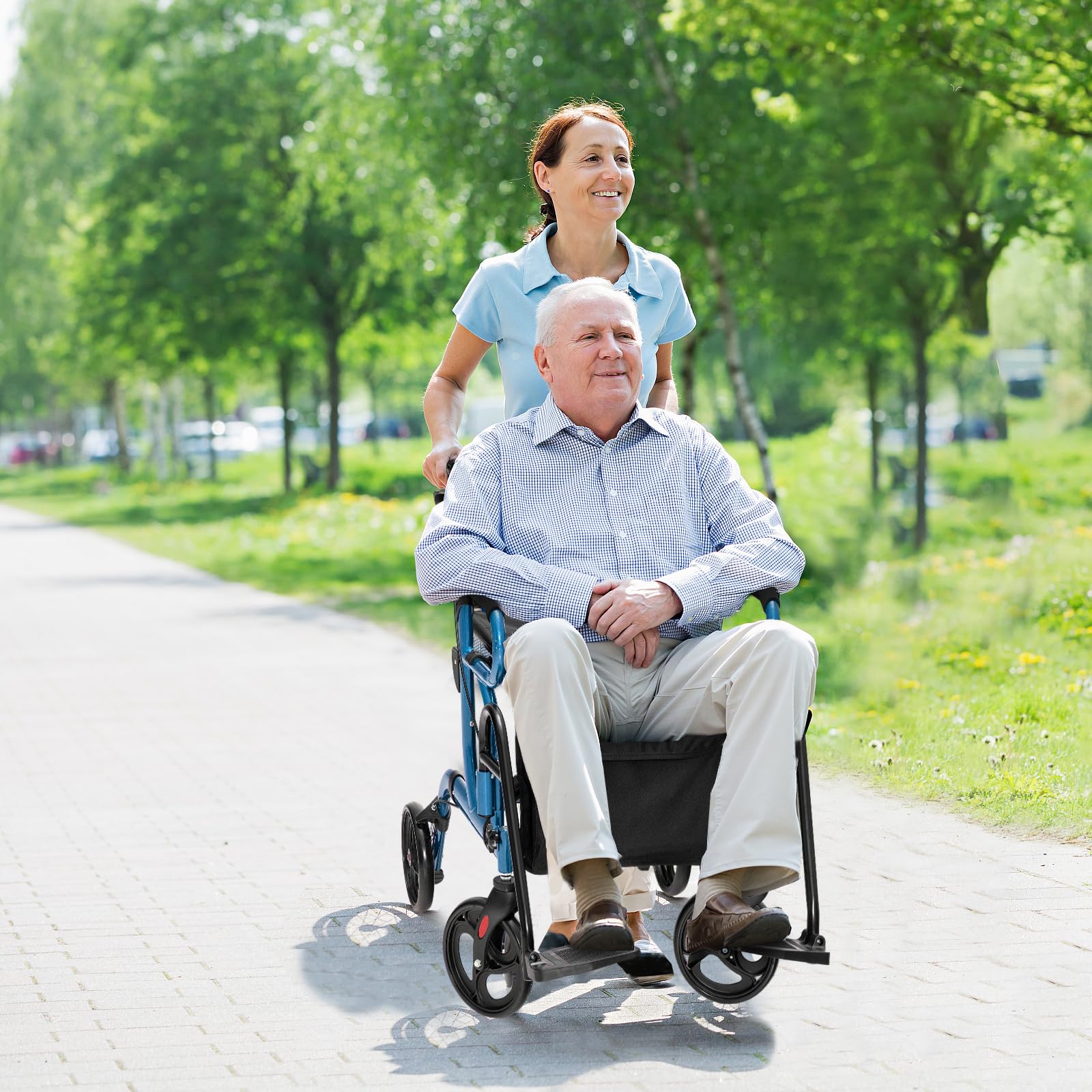 HOMASIS 2 en 1 Andador con Ruedas PVC para Ancianos, Andador Plegable con Asiento y Mangos de 6 Alturas Ajustables, Silla de Transporte, Marco de Aluminio, Hasta 160 kg (Azul)