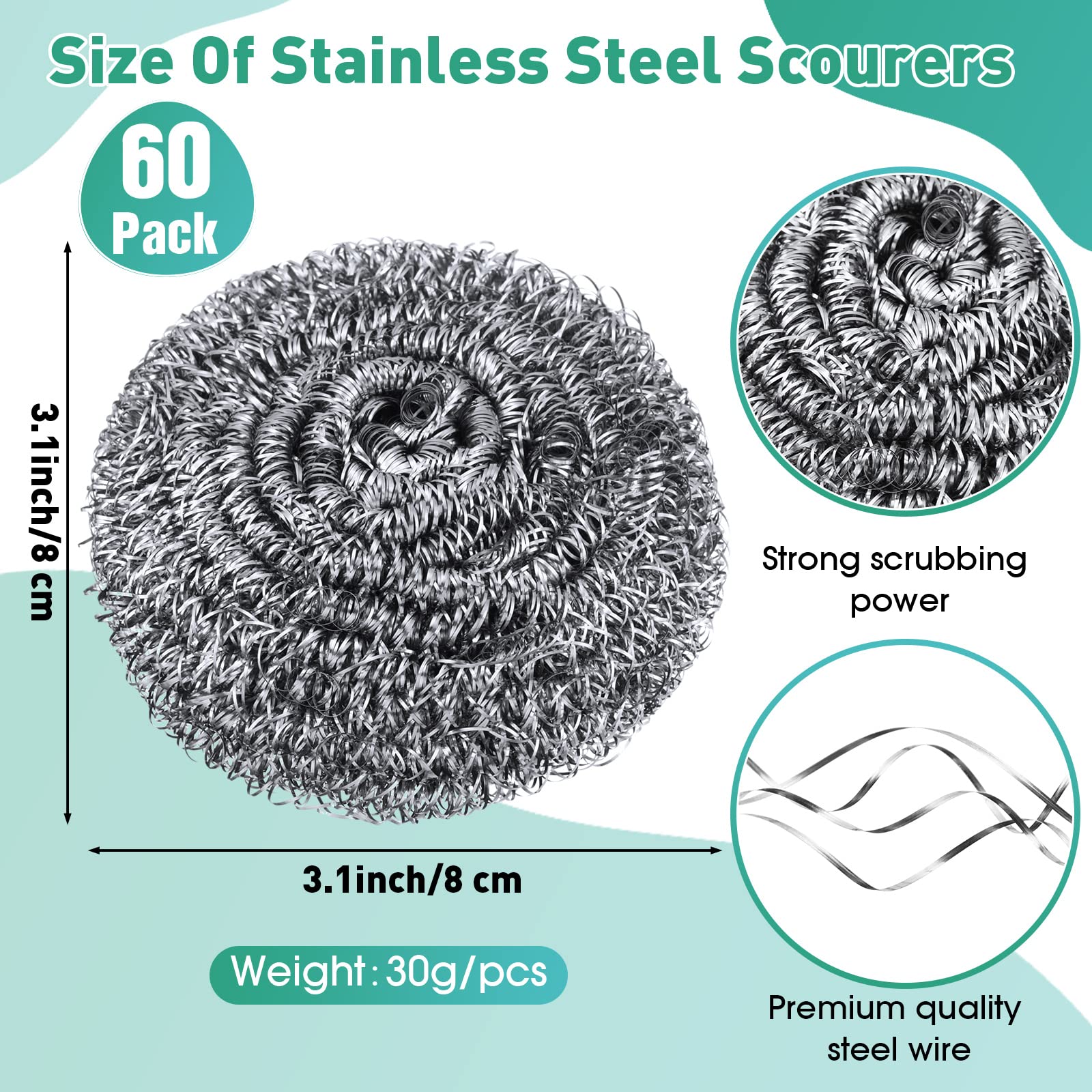 Roshtia 60 Stück Edelstahl-Scheuerschwamm, Bulk-Metall-Schrubber für die Reinigung von Geschirr, 30 g, Edelstahlschwamm, rund, Metallwolle, Schrubber für die Reinigung von Küche, Bad, Haushalt