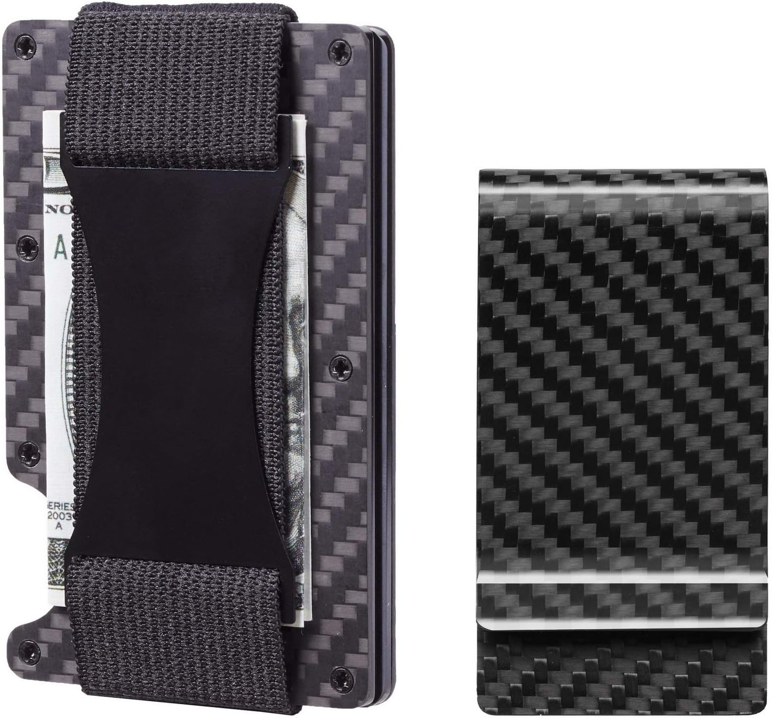 BSWolf Carbon Fiber Slim Minimalist Front Pocket Wallet Credit Card Case Holder RFID Blocking (04 metal strap black with bonus clip)