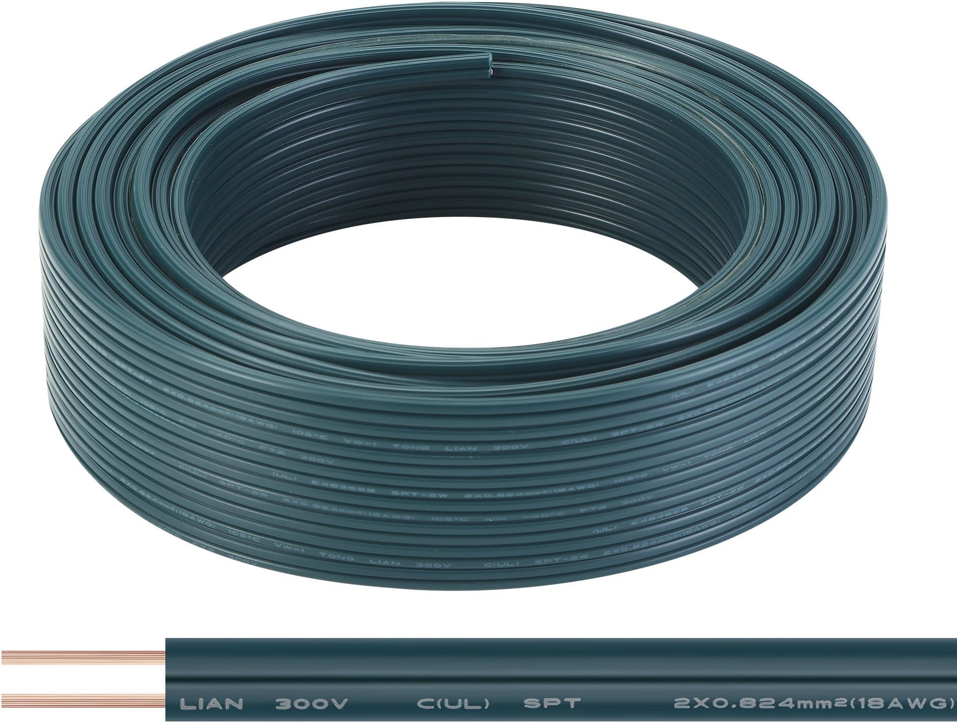 SPT-1 50FT 18/2 Electrical Wire, 18 Gauge 2 Conductors Lighting Copper Wire, Hookup LED Lighting Strips Flexible Extension Cord, Green