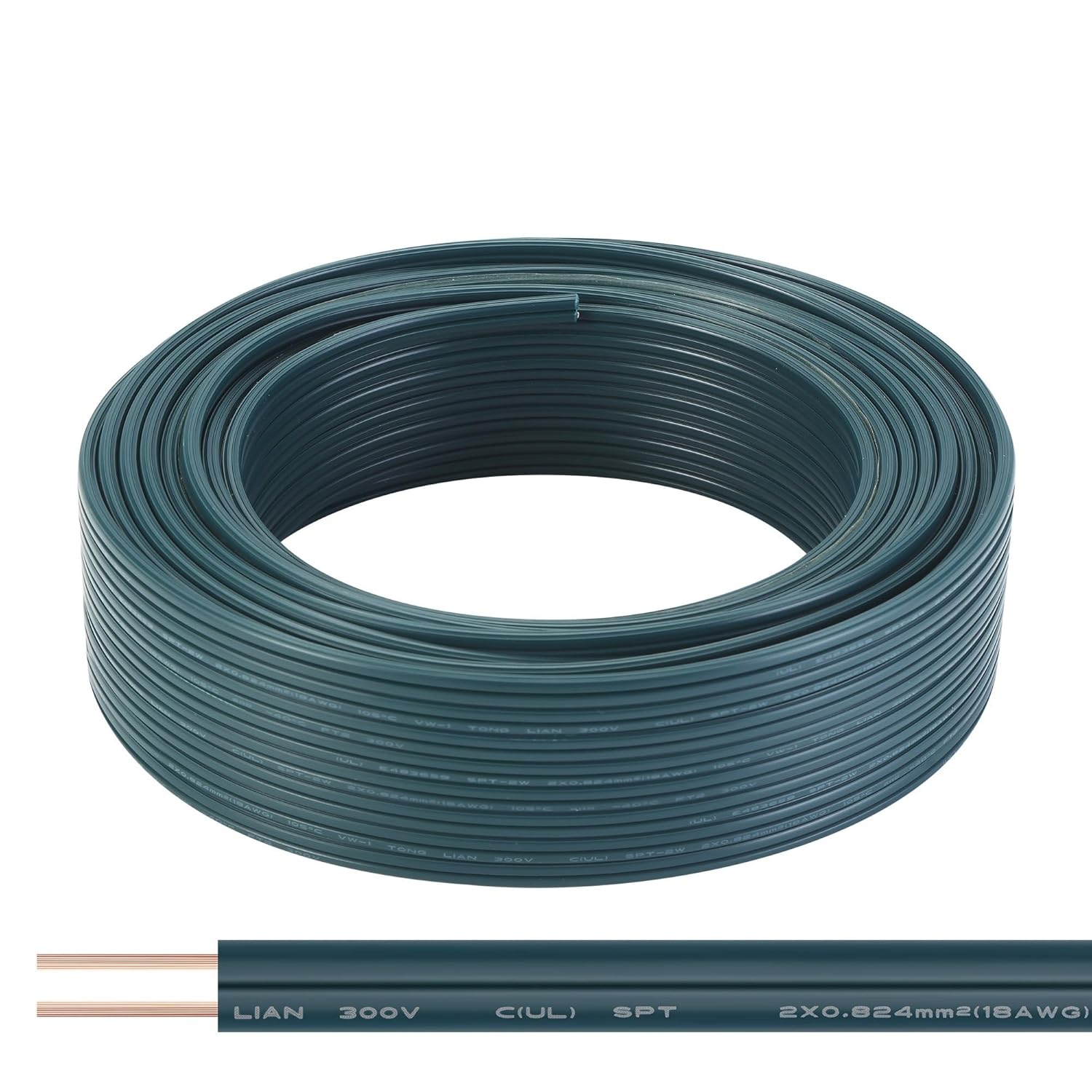 SPT-2 100FT 18/2 Electrical Wire, 18 Gauge 2 Conductors Lighting Copper Wire, Hookup LED Lighting Strips Flexible Wire Extension Cord, Green