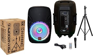 Mr. Dj PBX-4200PKG 15" Powered PA DJ Speaker 2-Way Full Range Portable PA Speaker System Combo Set with Stands/Illuminating Light/Microphone/EQ/USB/Bluetooth