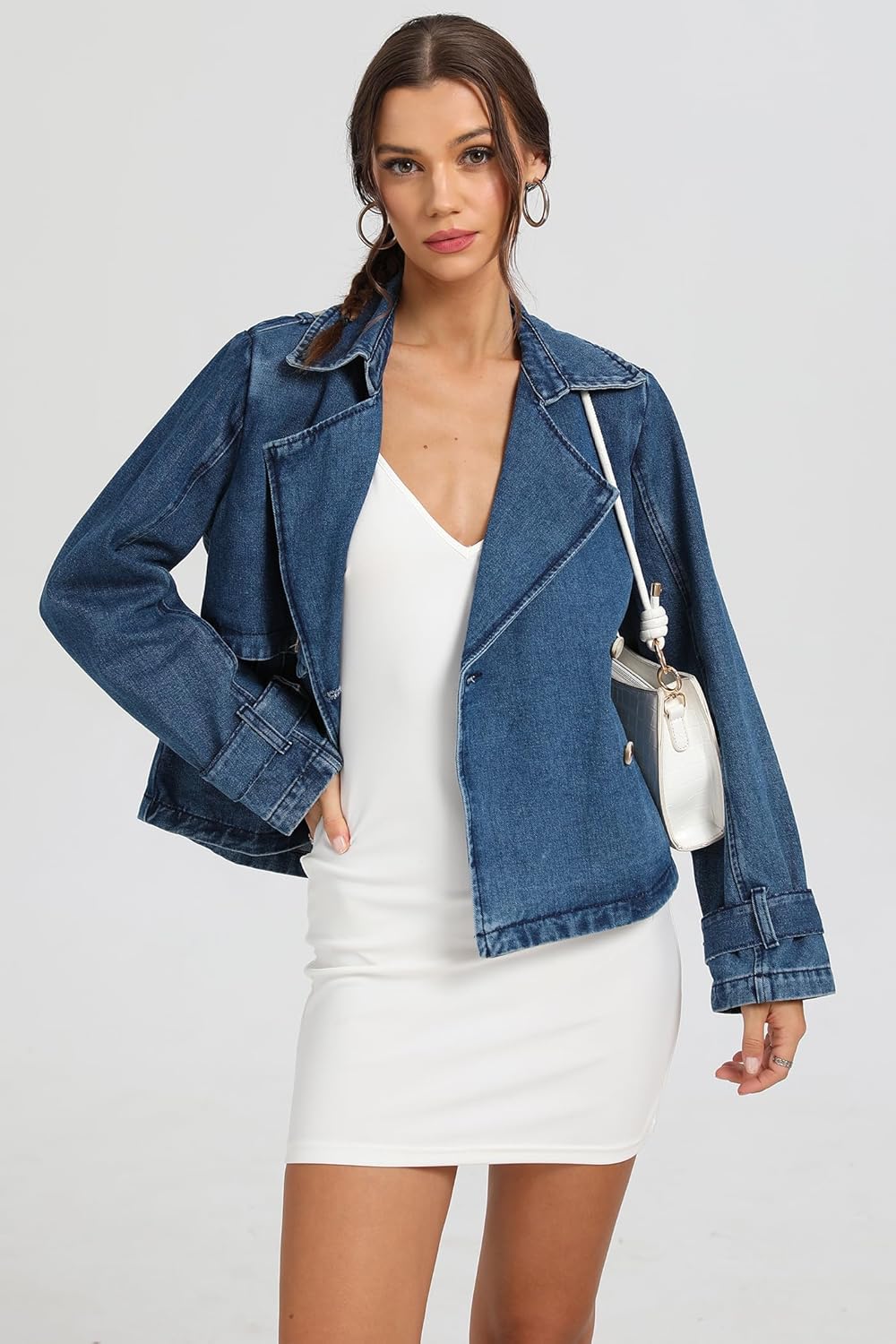 D-Sun Women Cropped Denim Jacket Short Jean Trench Coat V Neck Collared Long Sleeve Button Denim Trench Jacket with Pocket - Image 5