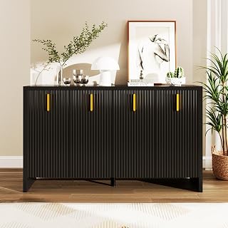 Credenza moderna e minimalista nera: la perfetta combinazione di stoccaggio flessibile e design elegante, la credenza presenta maniglie dorate e divisori regolabili