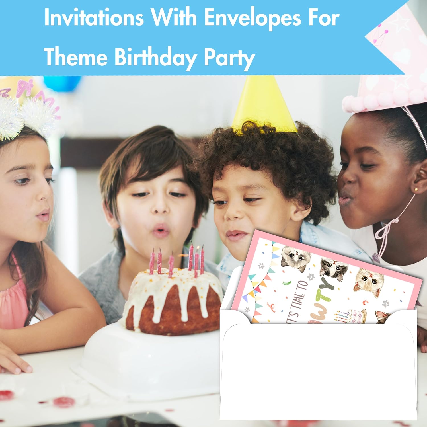 Cute Cats Birthday Party Invitations, Watercolor Kittens Kitty Invites with Envelopes for Girls Boys Teen (30 Count), Cat Themed Birthday Party Invitation Cards Decorations Supplies