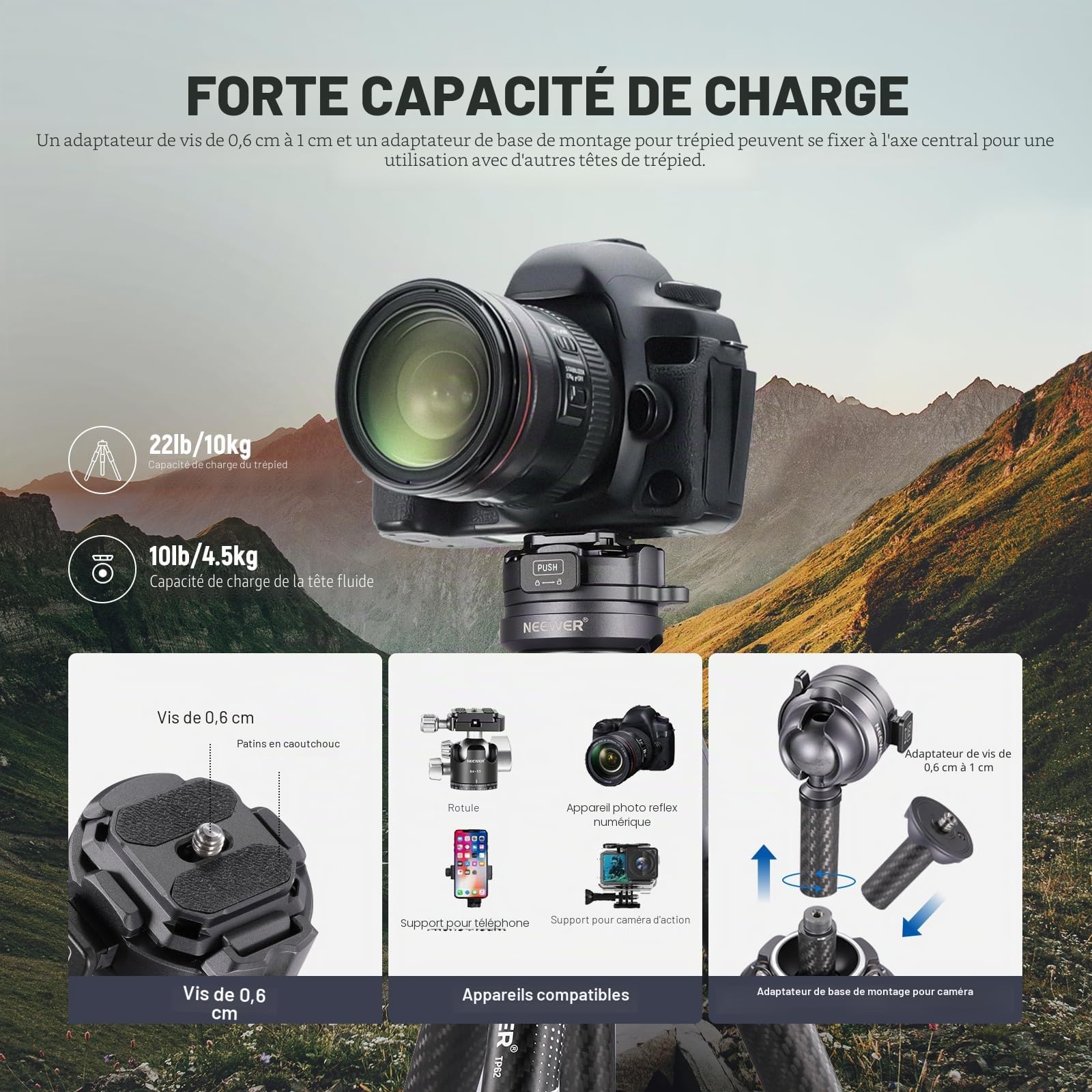 NEEWER LITETRIP LT32 Trépied de Voyage en Fibre de Carbone avec tête panoramique à 360° nivellement ± 15 °, axe Central Amovible, Boucle à Rabat Rapide, Plaque QR Arca Compatible avec Peak Design