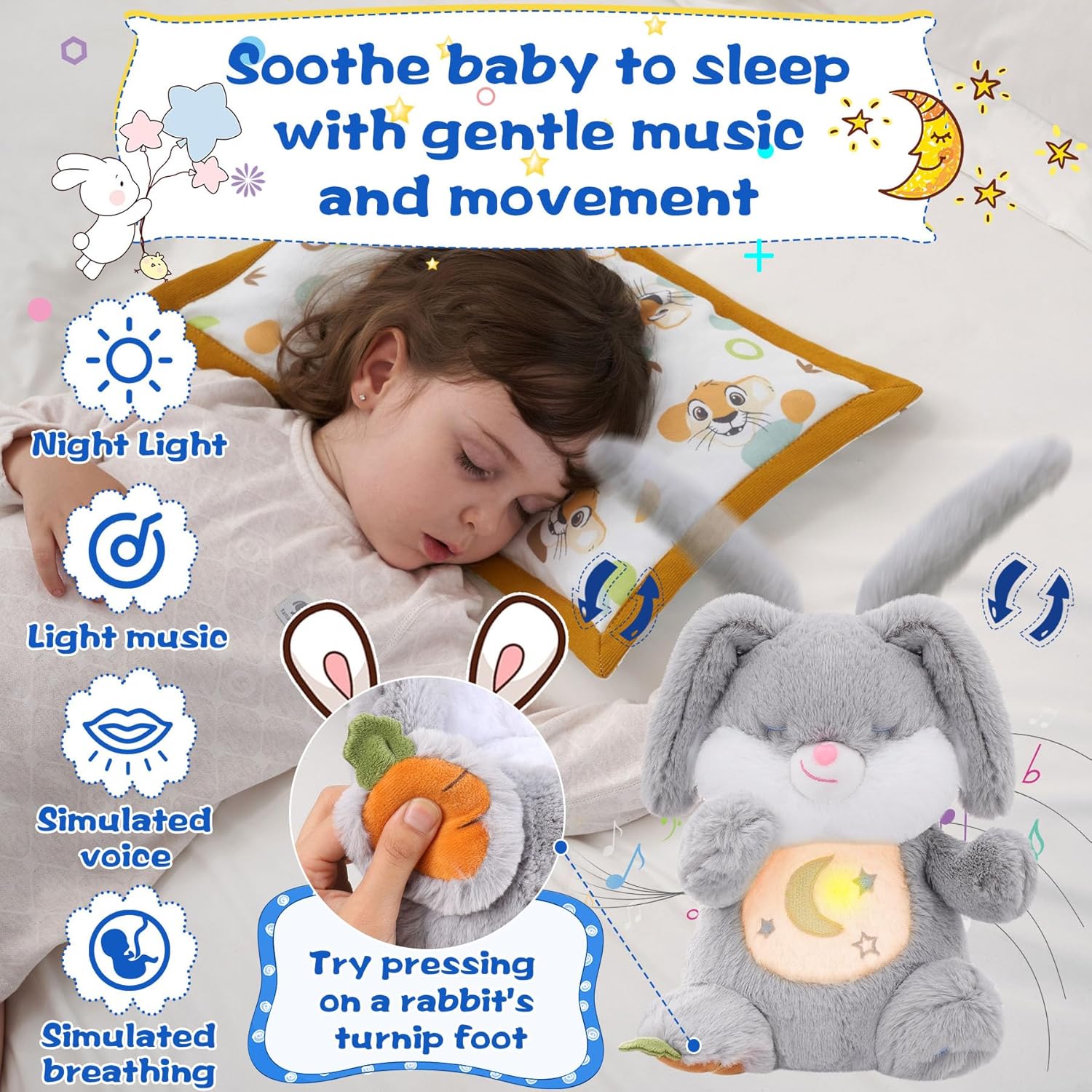 MIAODAM Soothing Cuddle Plush Toy, Breathing Stuffed Animal Bunny Plush with Realistic Breathing Action and Relaxing Music, for Babies and Toddlers, Hugging Plush for Emotional Comfort