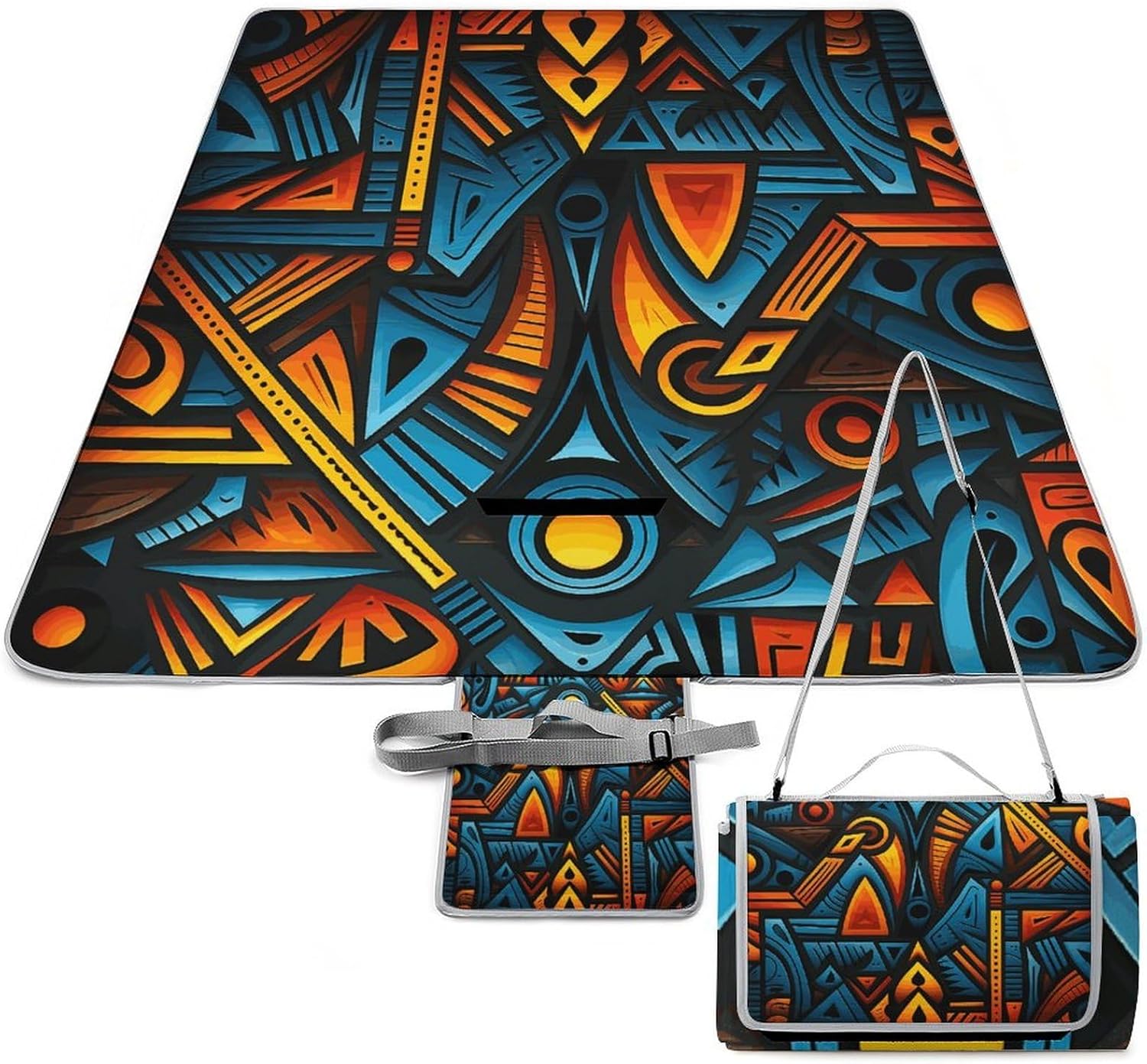 African Style Textile Pattern Waterproof Picnic Blanket 58.3''x58.3'',Portable and Foldable Picnic Mat with Handle,Outdoor Blankets for Lawn Park Beach Travel