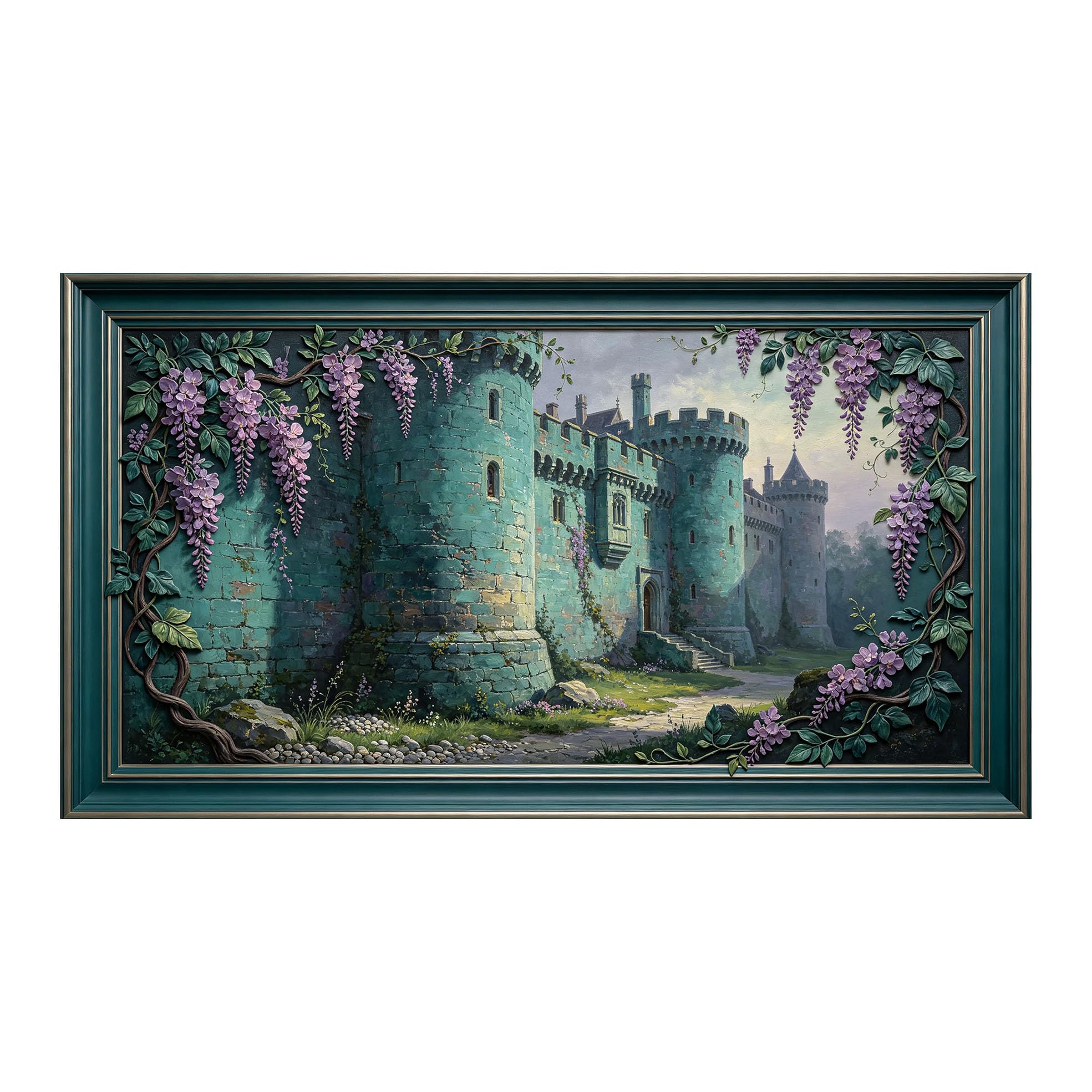 Yzpallescene 3D 3D Framed Wall Art 50cm×90cm Medieval Castle Landscape Oil Painting Large Size SelfAdhesive Removable Wall Decor Prints Artwork for Living Room Bedroom Office