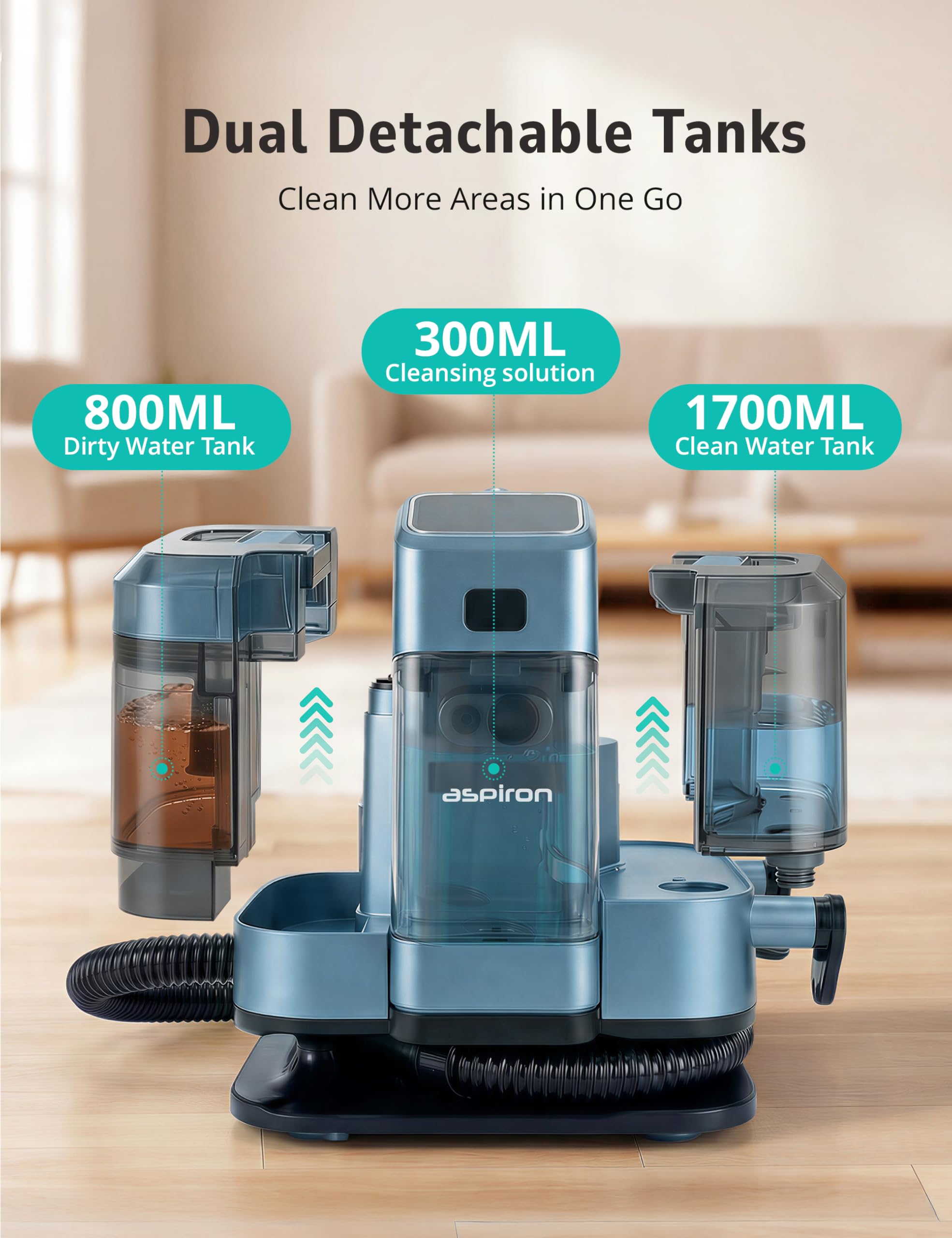 Aspiron Machine de nettoyage de moquette multifonction 20 KPA/1600 W, nettoyeur vapeur professionnel, 9 brosses, réservoir d'eau de 1,7 l, solution de nettoyage de 300 ml, cordon de 5 m, pour tapis